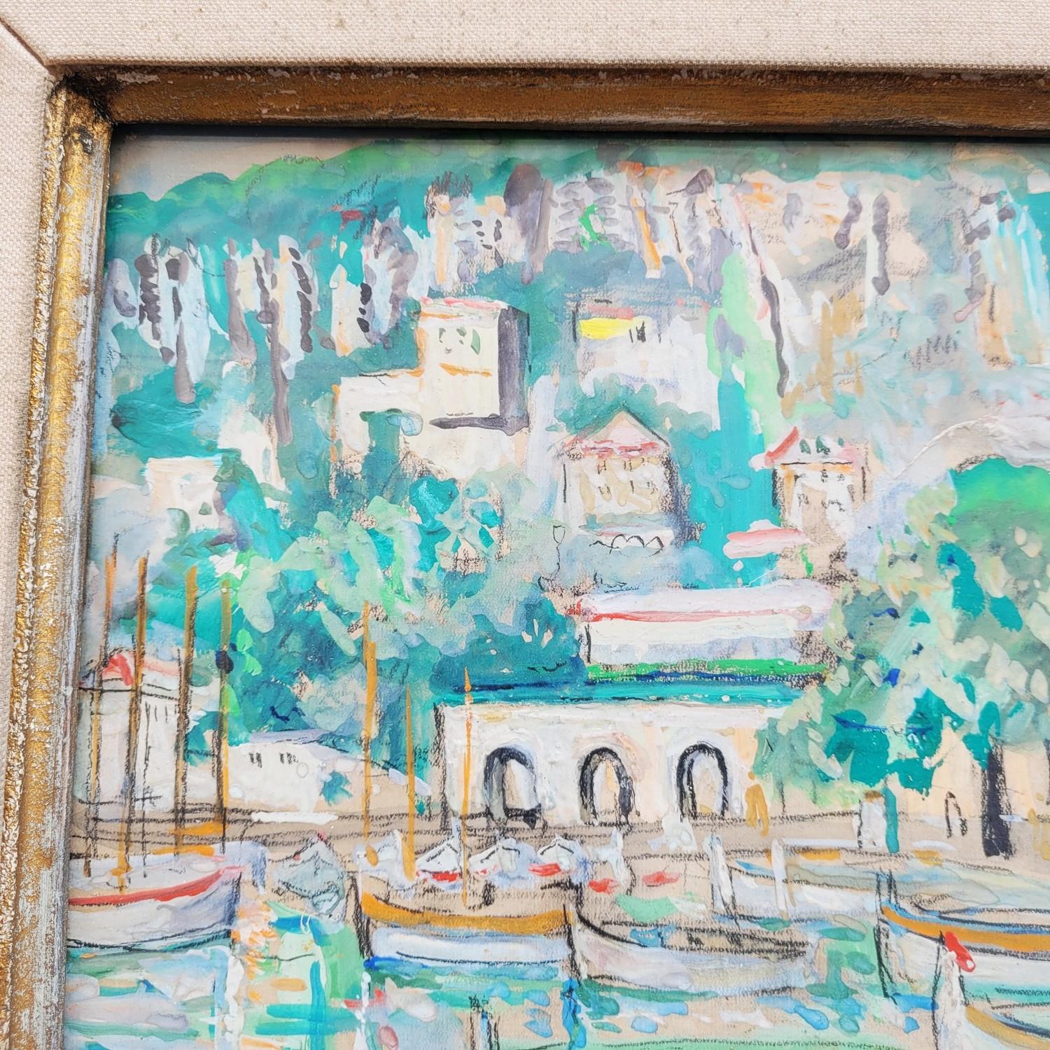 Lucien Genin, Puerto de Villefranche Sur Mer, acuarela enmarcada, mediados del siglo XX en Bueno estado para la venta en MARSEILLE, FR