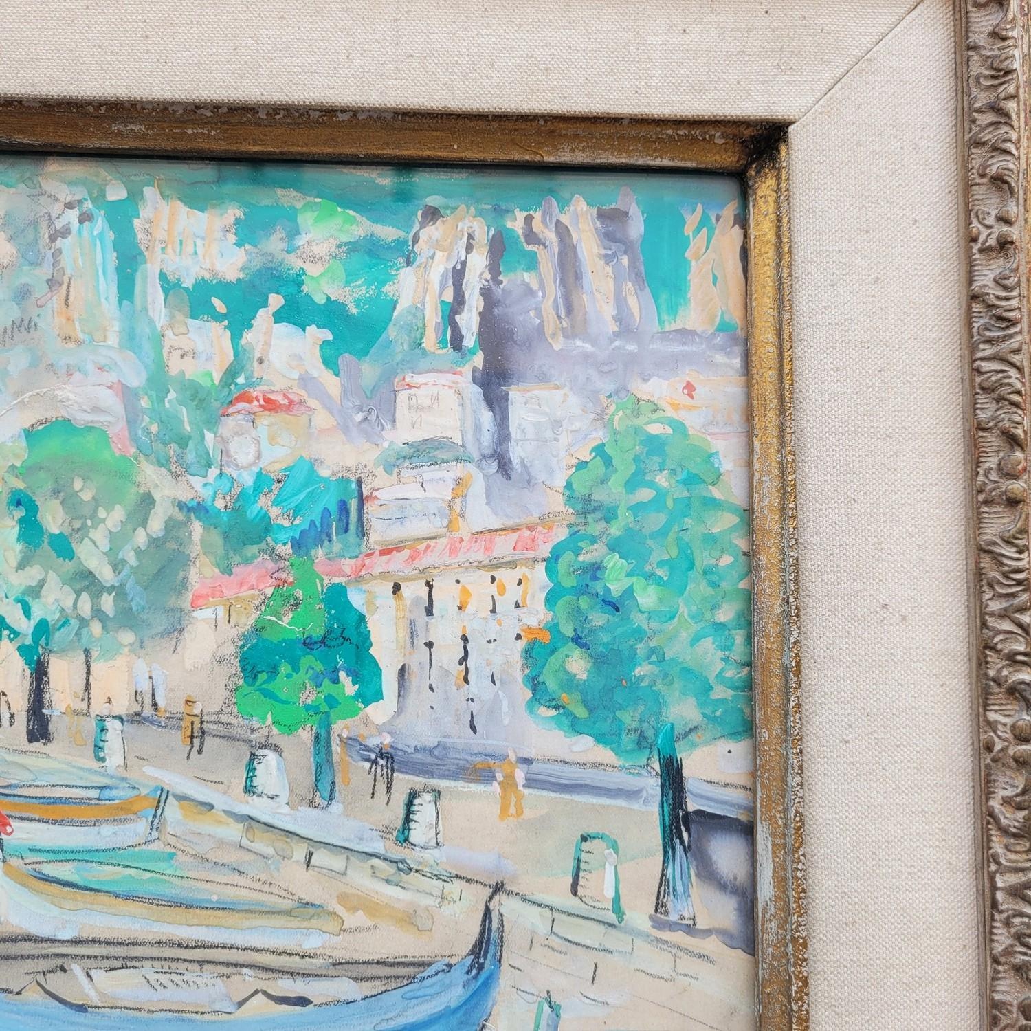 Lucien Genin, Puerto de Villefranche Sur Mer, acuarela enmarcada, mediados del siglo XX Pintura en venta