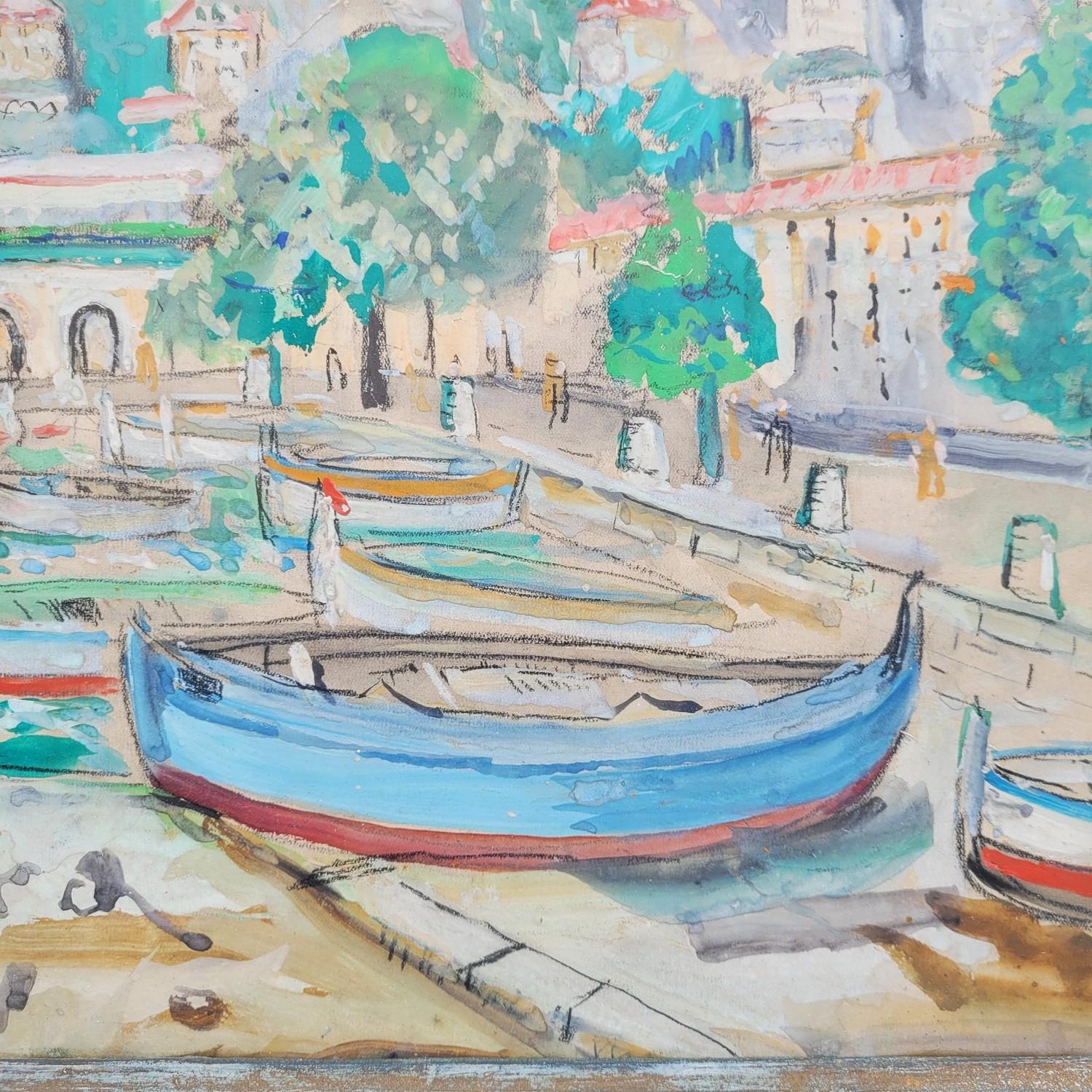 Lucien Genin, Puerto de Villefranche Sur Mer, acuarela enmarcada, mediados del siglo XX en venta 2