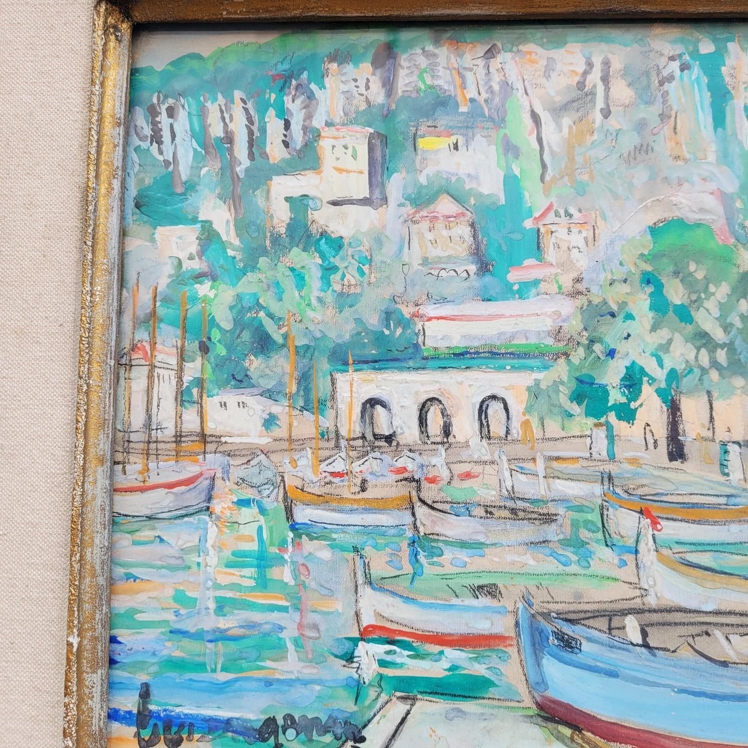 Lucien Genin, Puerto de Villefranche Sur Mer, acuarela enmarcada, mediados del siglo XX en venta 3
