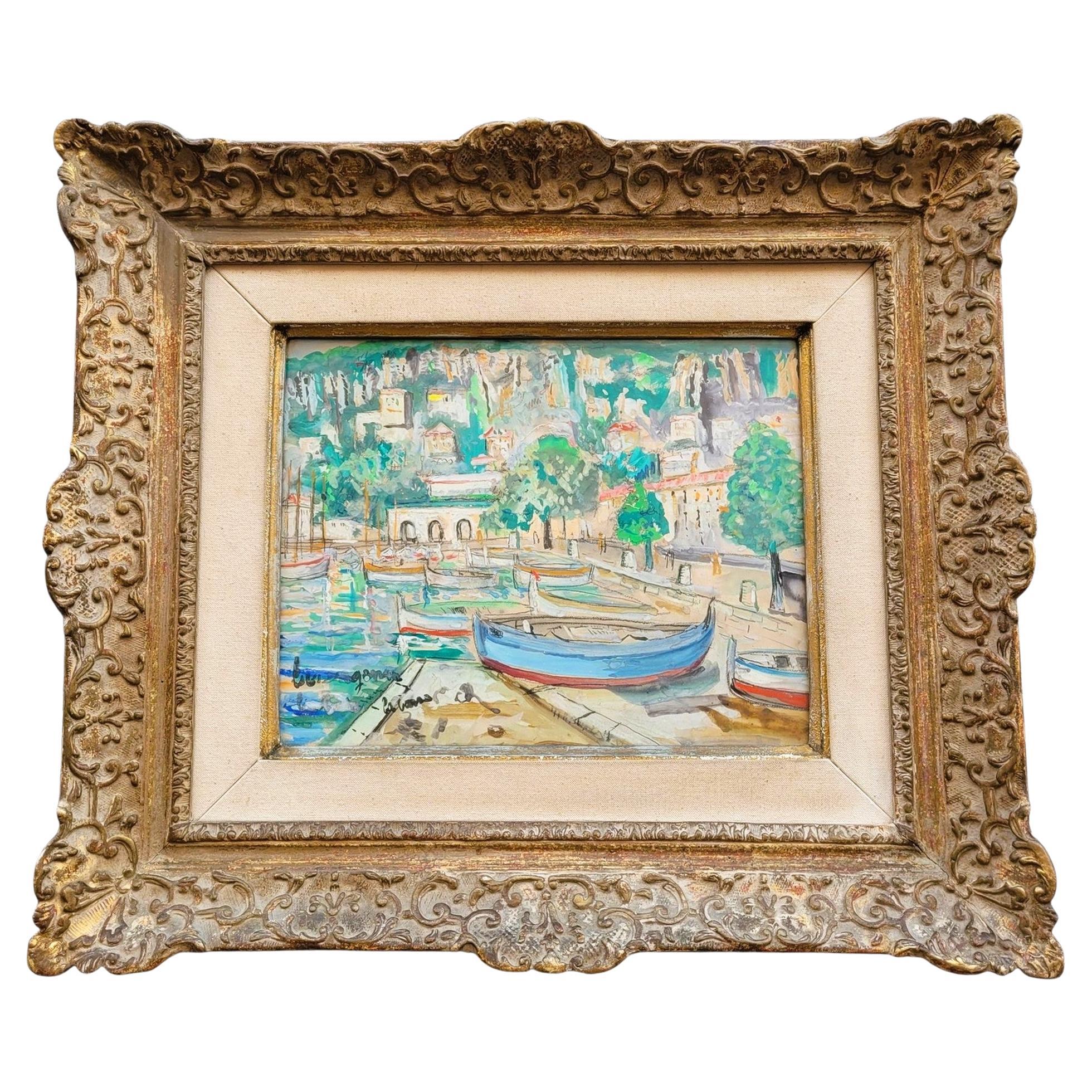 Lucien Genin, Puerto de Villefranche Sur Mer, acuarela enmarcada, mediados del siglo XX en venta