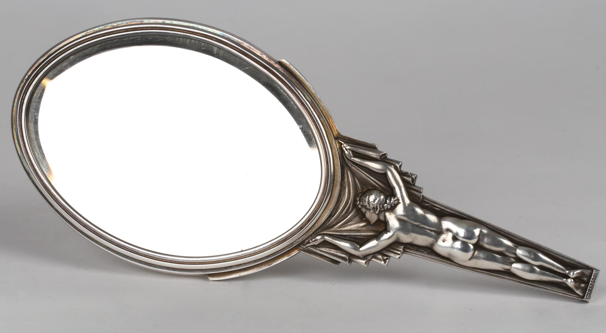 Lucien Georges Bazor French Art Deco Silver Plated Bronze Nude Hand Mirror For Sale 3