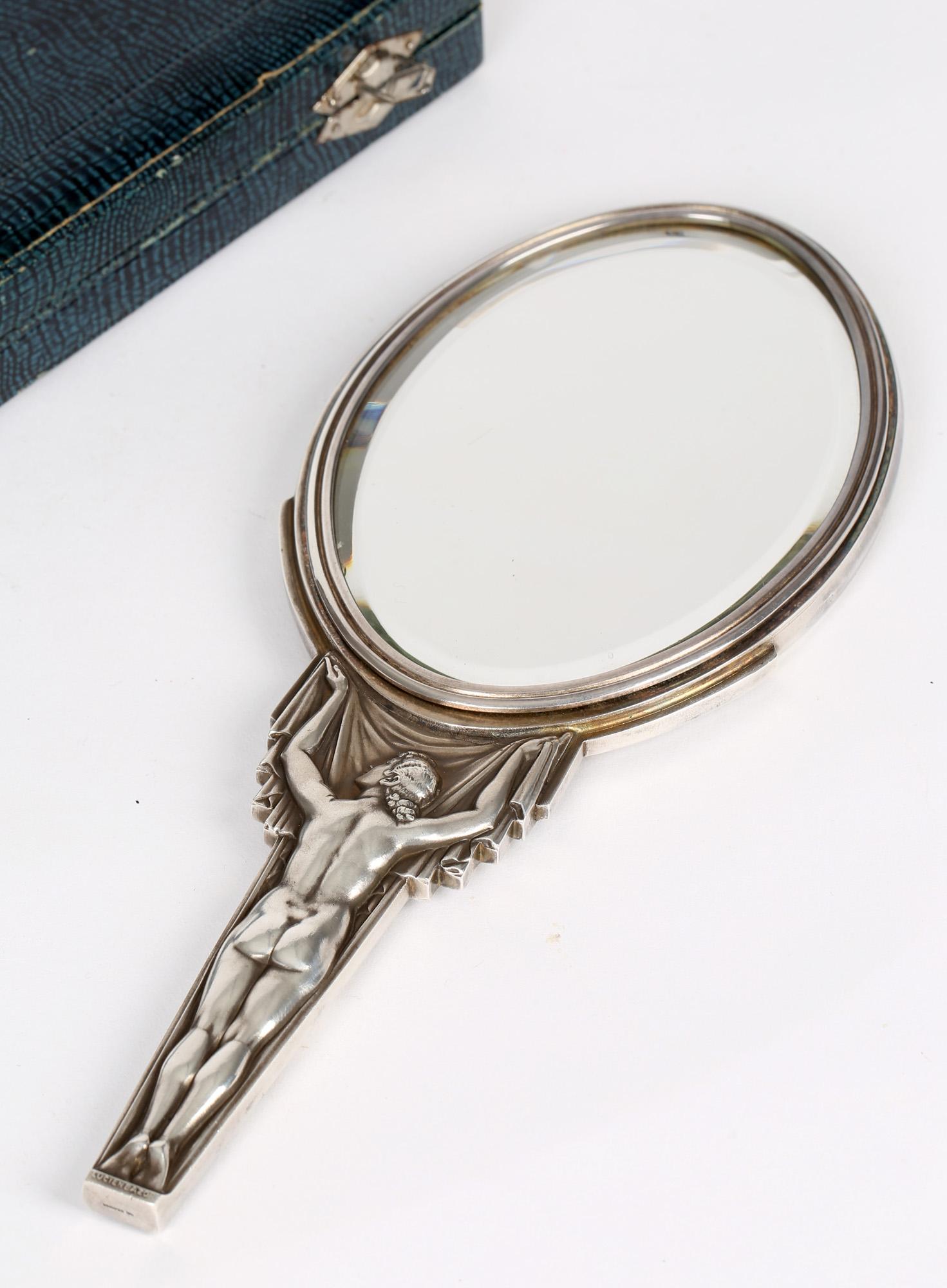 Lucien Georges Bazor - Specchio a mano nudo in bronzo placcato argento - Art Deco francese in vendita 7