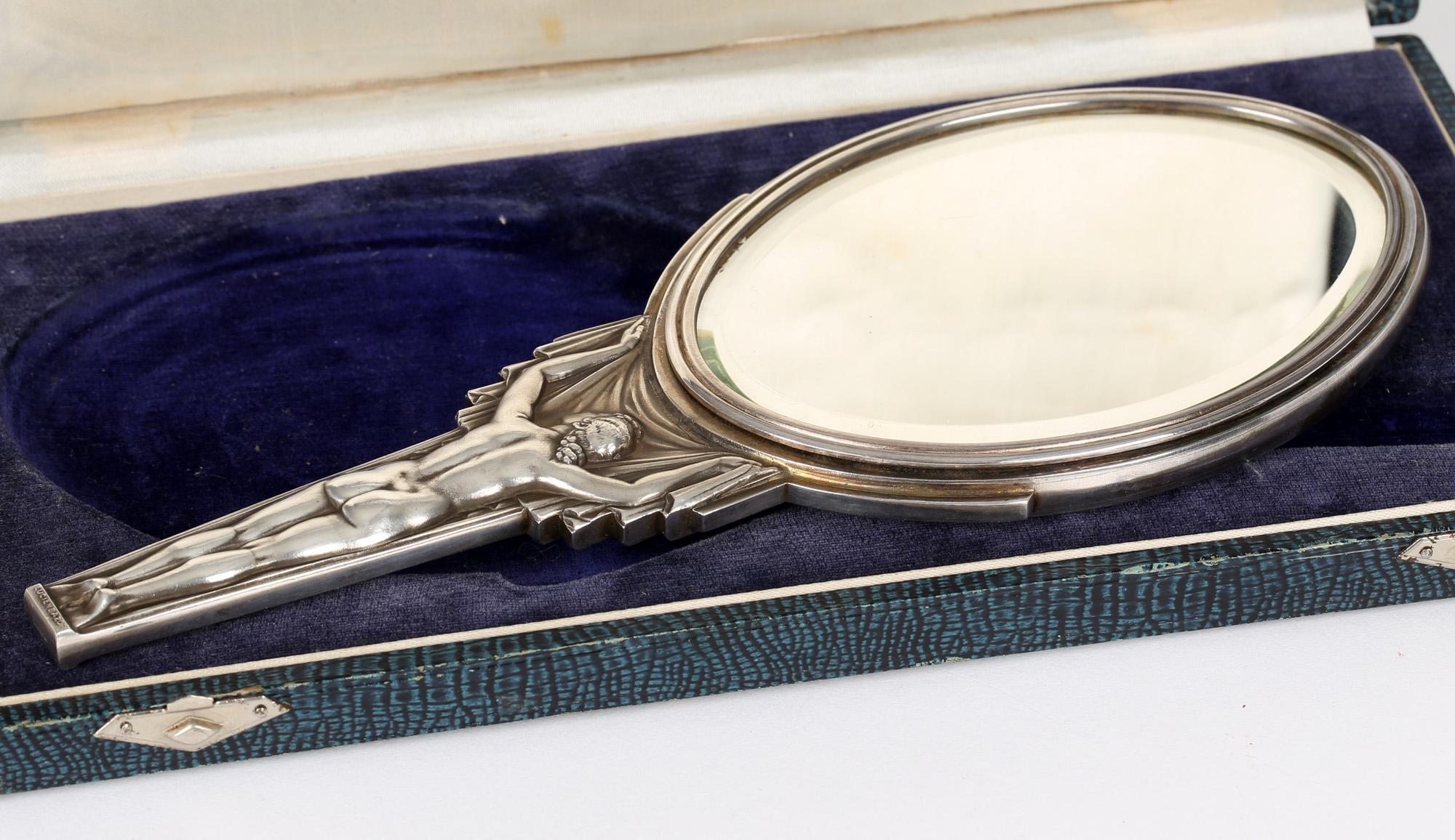Lucien Georges Bazor French Art Deco Silver Plated Bronze Nude Hand Mirror For Sale 9