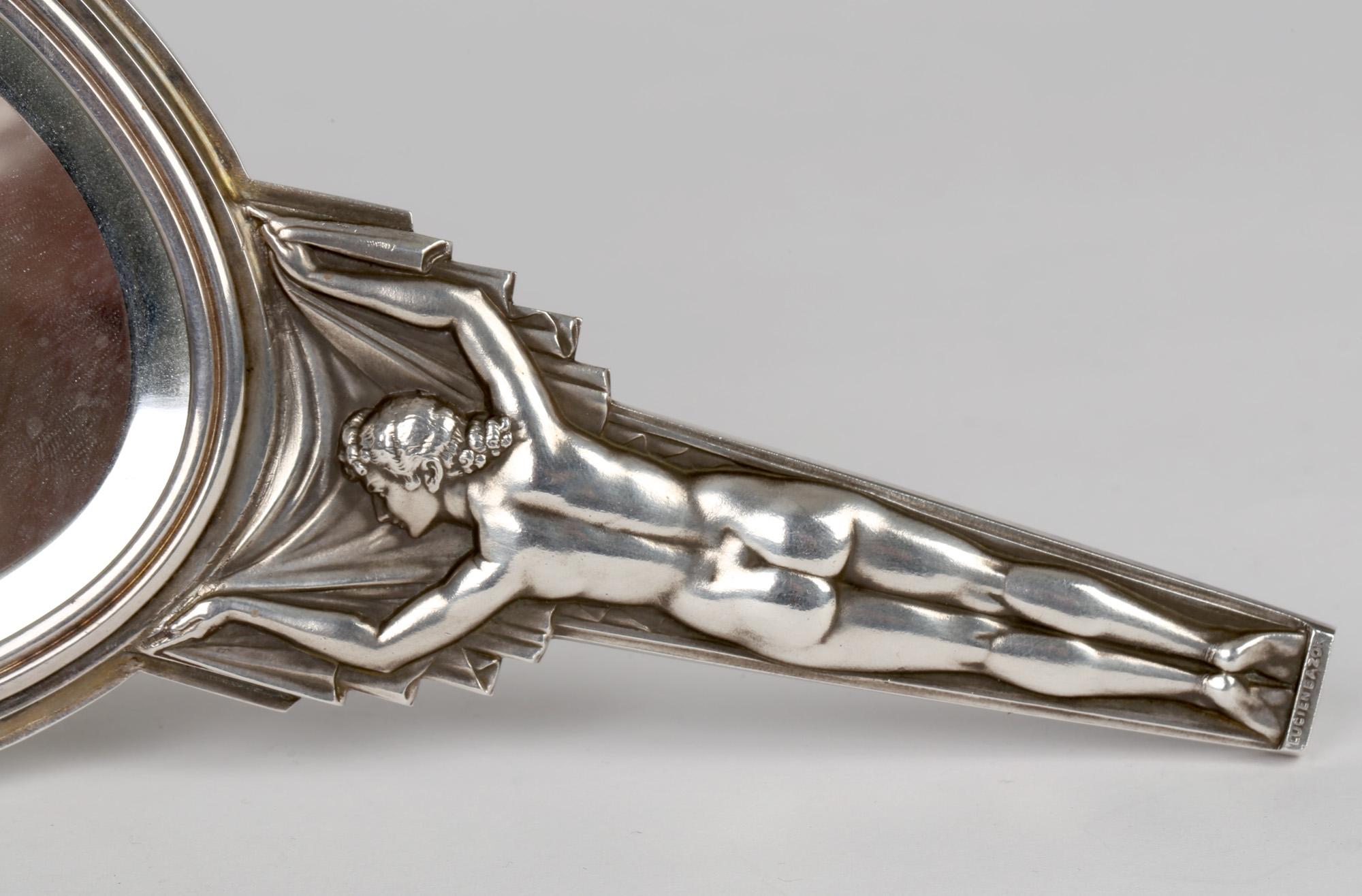 Art Déco Lucien Georges Bazor - Specchio a mano nudo in bronzo placcato argento - Art Deco francese in vendita