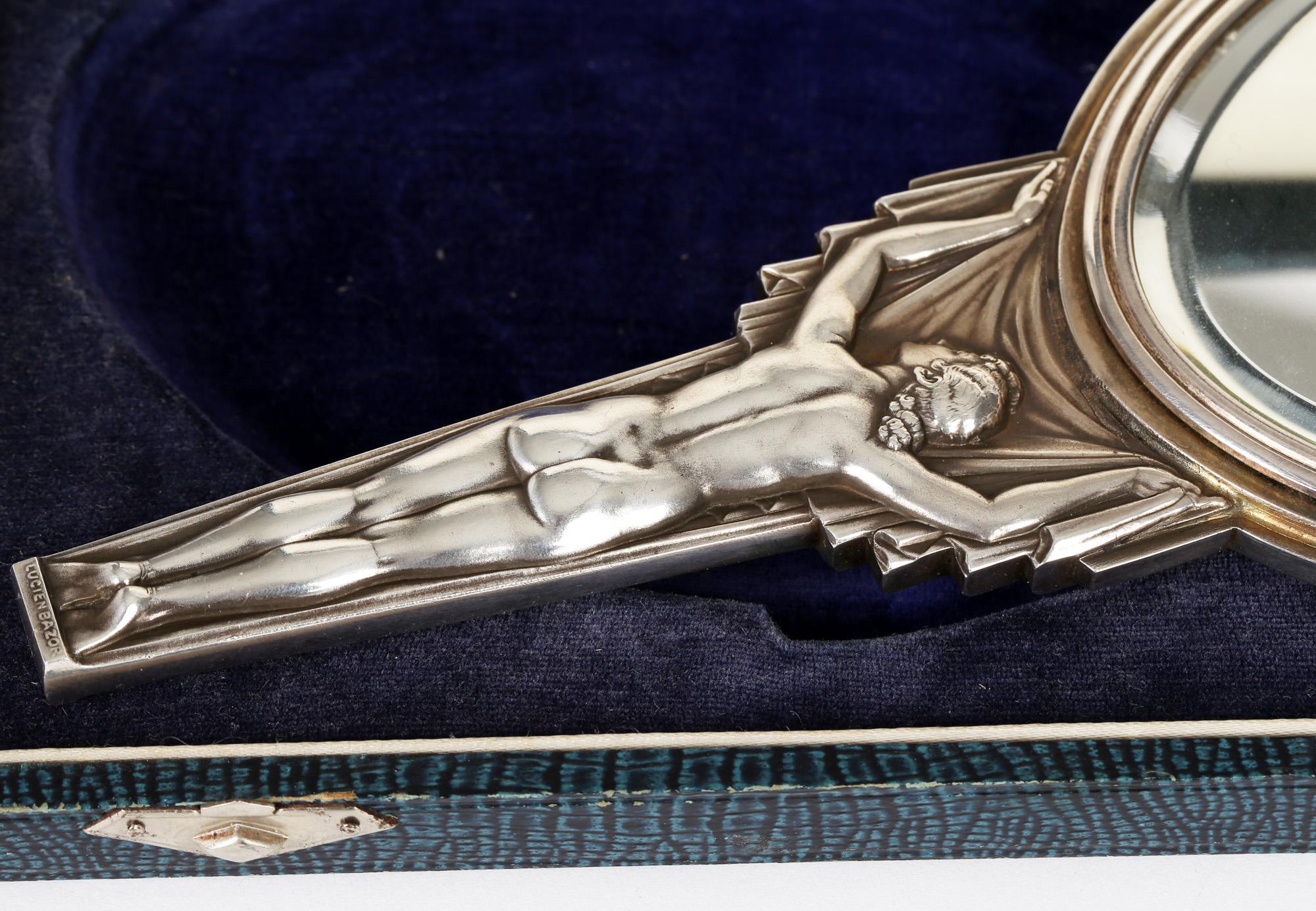 Lucien Georges Bazor Französisch Art Deco versilberter Bronze Nude Handspiegel (Frühes 20. Jahrhundert) im Angebot