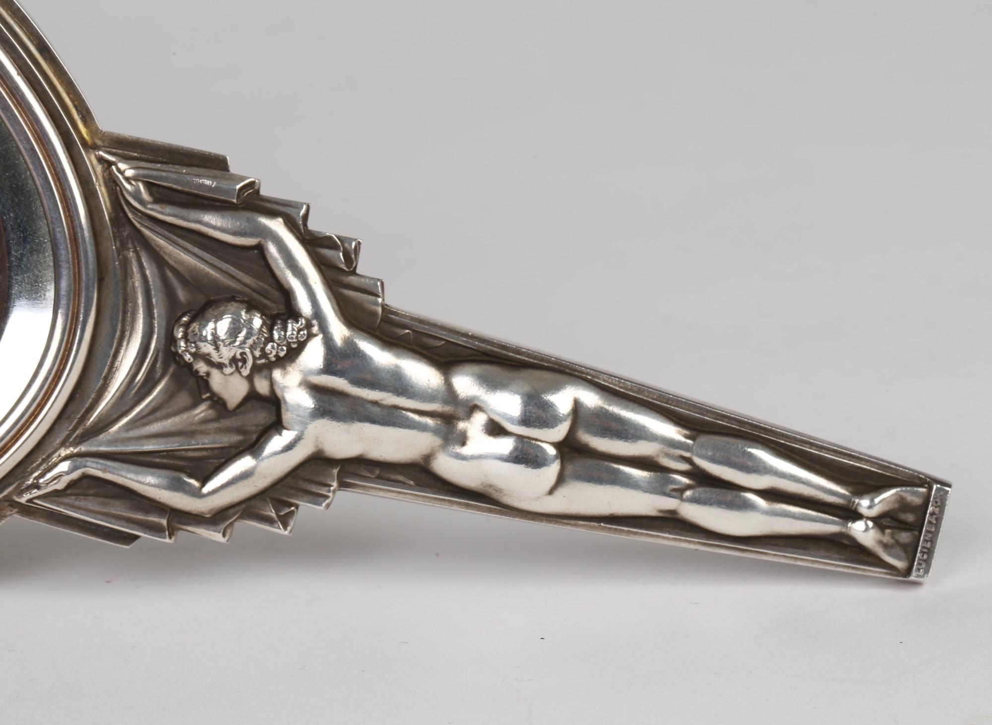 Bronzo Lucien Georges Bazor - Specchio a mano nudo in bronzo placcato argento - Art Deco francese in vendita