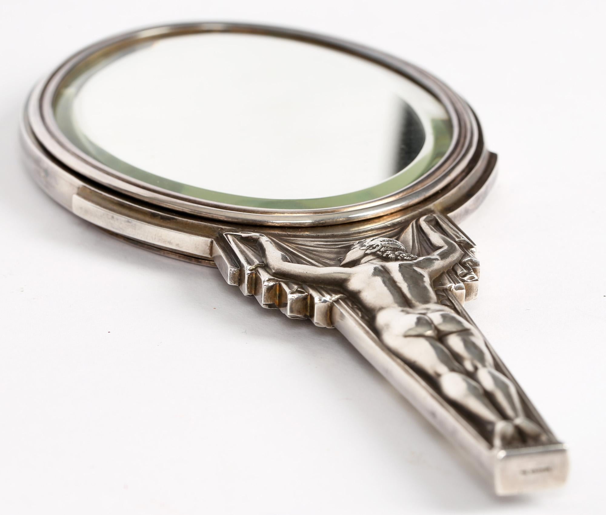 Lucien Georges Bazor French Art Deco Silver Plated Bronze Nude Hand Mirror For Sale 1