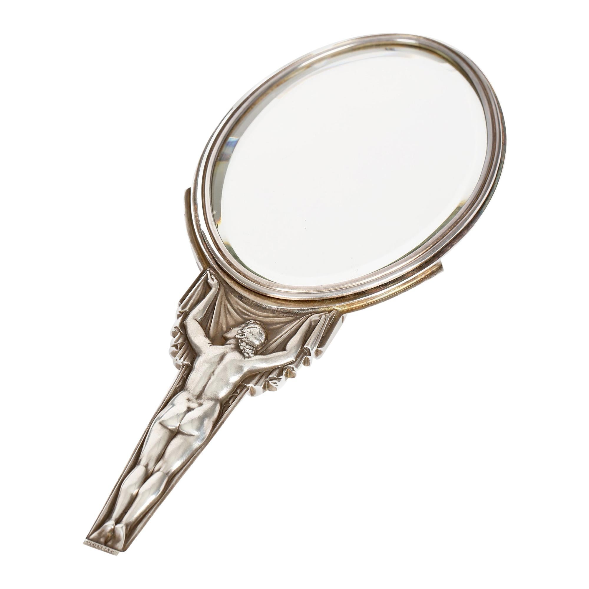 Lucien Georges Bazor French Art Deco Silver Plated Bronze Nude Hand Mirror For Sale