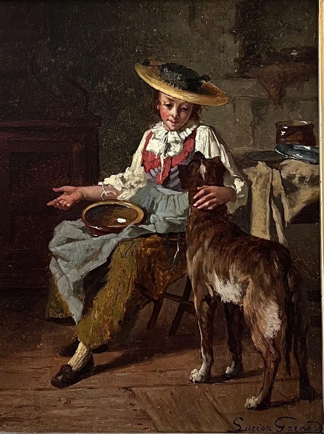 The Favourite Pet
by Lucien Gerard (French 1852-1935)
signed lower right corner
oil on wood panel, framed
panel: 8.75 x 6.75 inches
plus the substantial antique gilt frame
provenance: private collection, England
condition: very good and sound