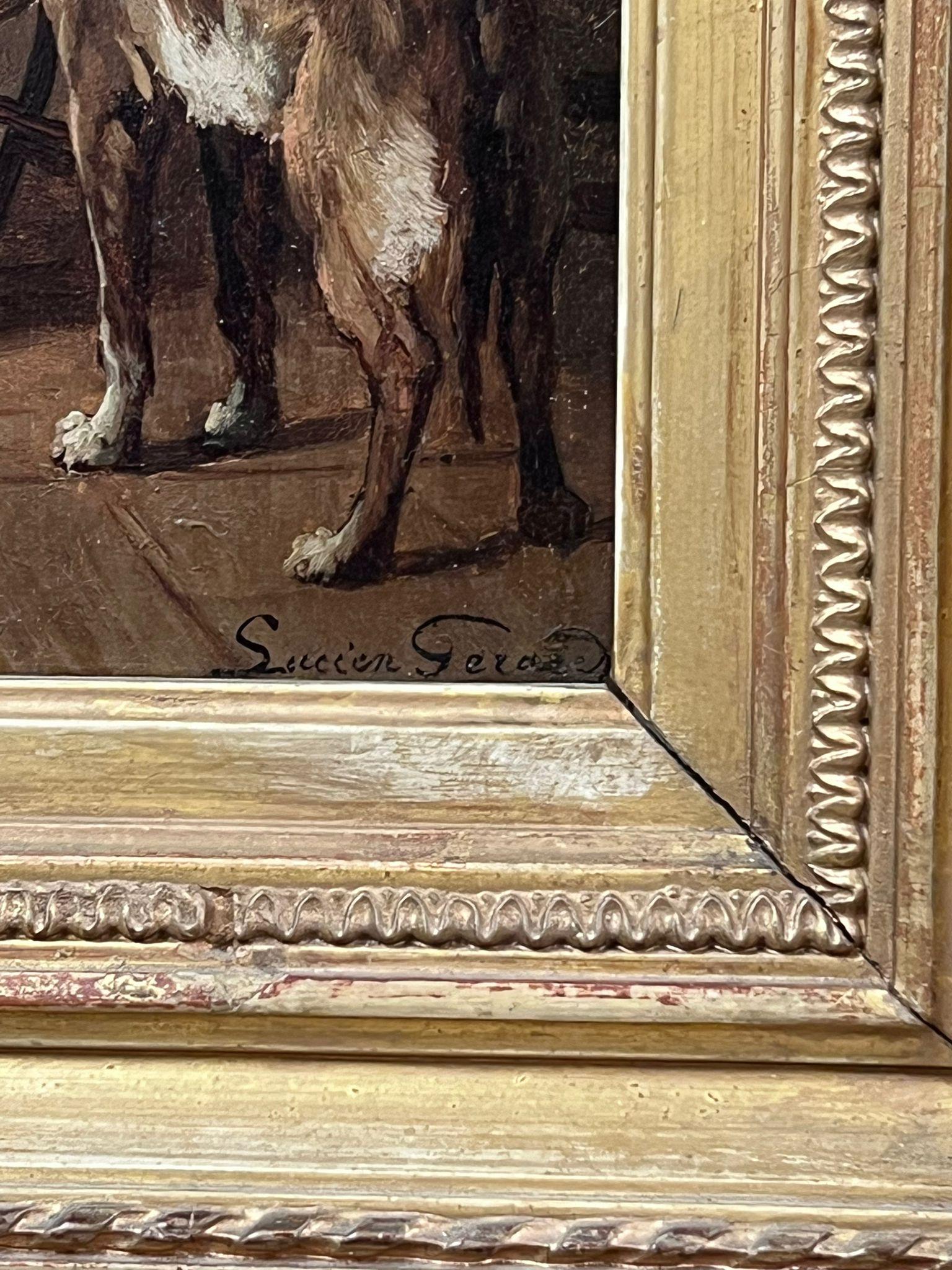 Très belle peinture à l'huile signée du 19e siècle Jeune fille avec chien  Intérieur - Marron Animal Painting par Lucien Gerard