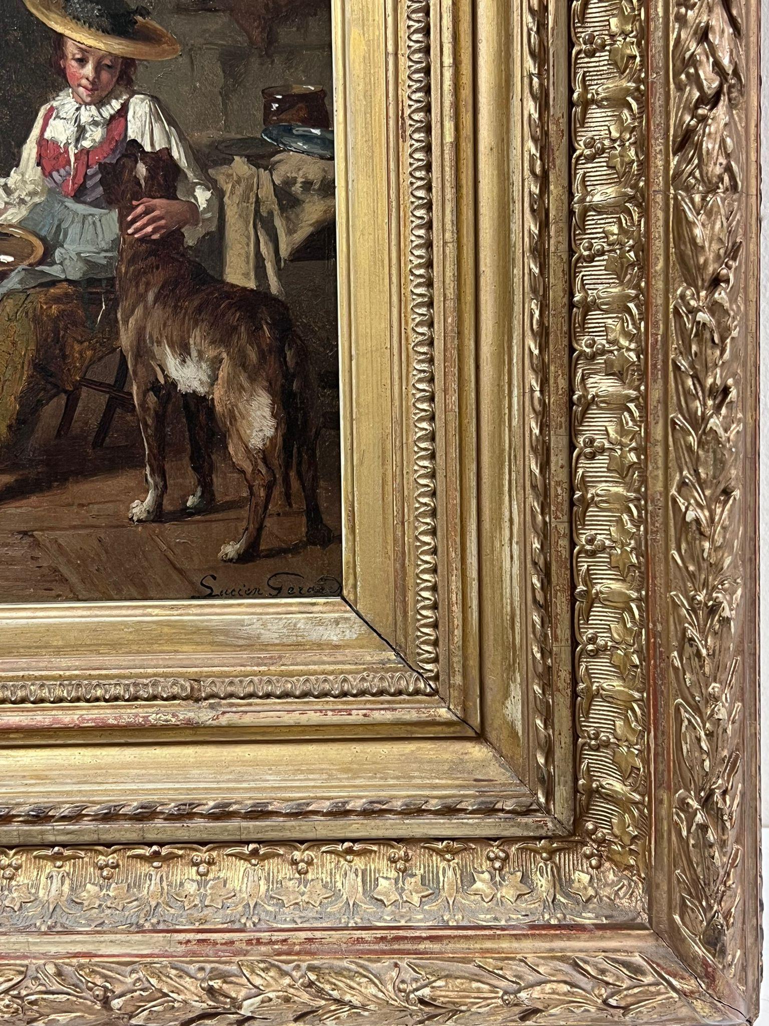 Very Fine 19th Century French Signed Oil Painting Young Girl with Dog  Interior For Sale 2
