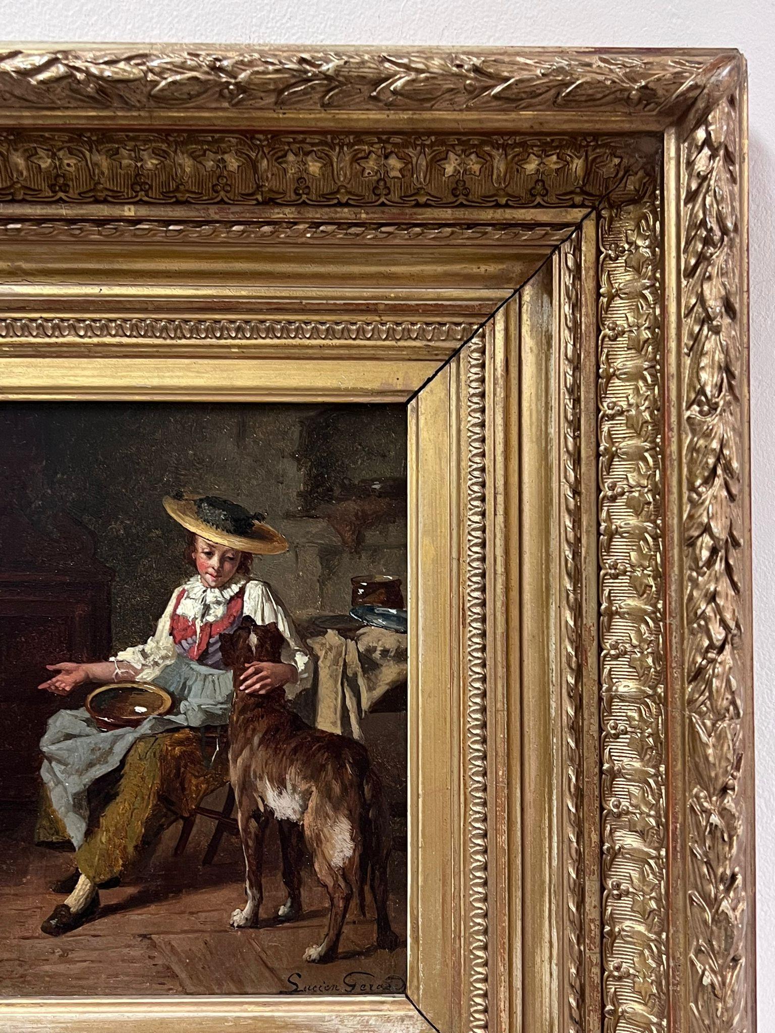 Très belle peinture à l'huile signée du 19e siècle Jeune fille avec chien  Intérieur en vente 1
