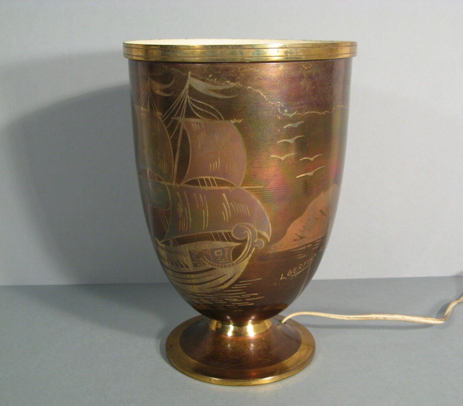 French Lucien Gerfaux Art Deco Copper and Brass Lamp with Nautical Design, 1930 - 1Y146