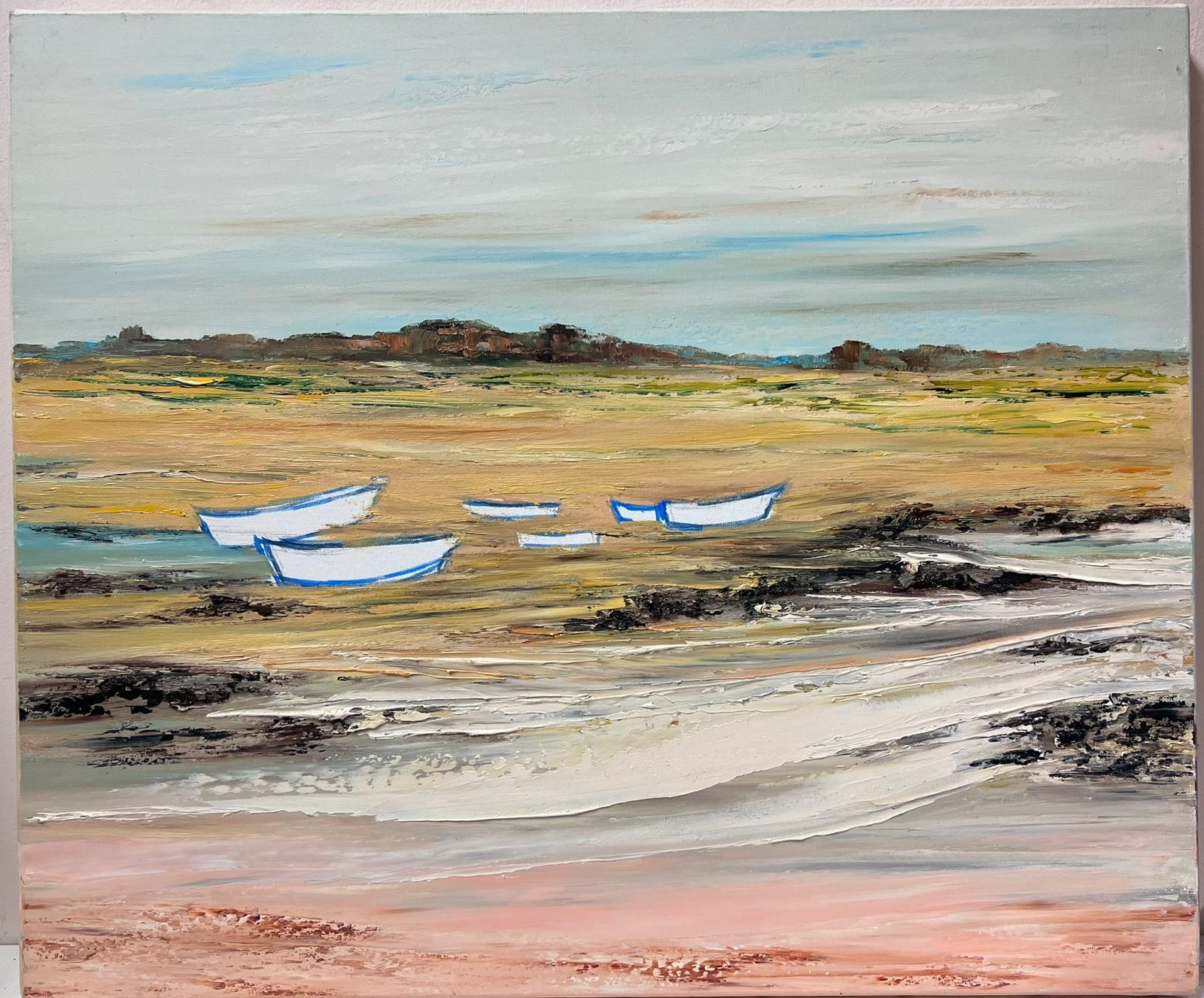 20th Century French Modernist Signed Oil Boats Moored on Beach - Painting by Lucien Gondret