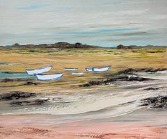 20th Century French Modernist Signed Oil Boats Moored on Beach