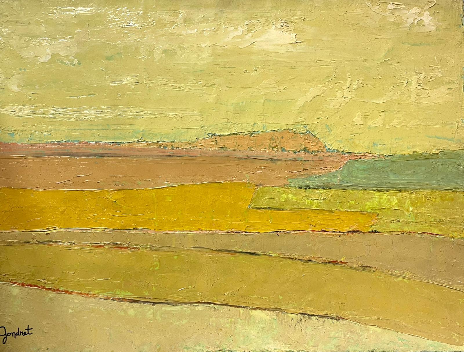 Lucien Gondret Abstract Painting – Französisch-modernistisches Ölgemälde des 20. Jahrhunderts, gelbes Landschaftsgemälde, kubistische Komposition