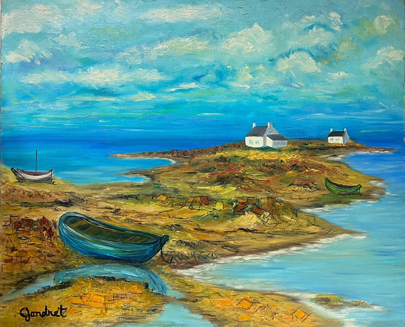 Lucien Gondret Landscape Painting - French Modernist Signed Oil Fishing Boats Brittany Coastline & White Houses