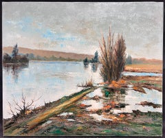 Large Flooded River Oise Landscape by French Modernist Artist original oil