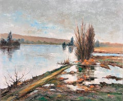 Large Flooded River Oise Landscape by French Modernist Artist original oil