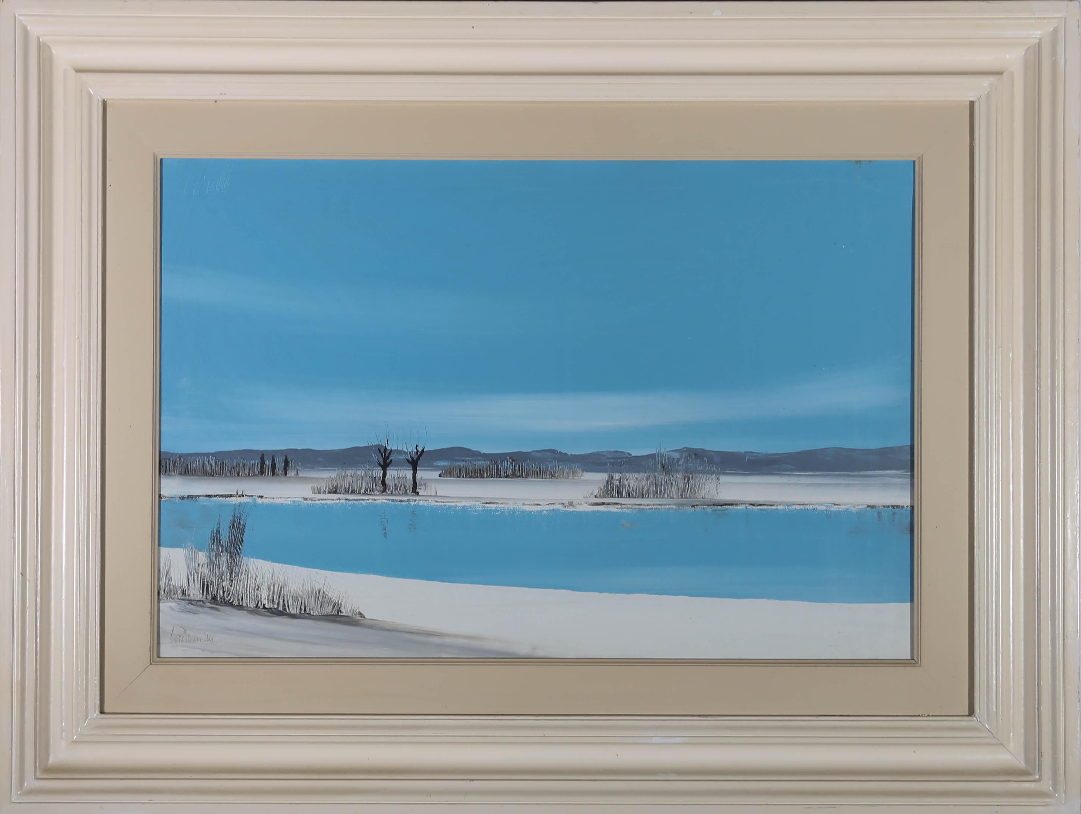 A fine 20th Century landscape in oil showing a stark Winter landscape with frozen water in snow covered fields. The artist has signed to the lower left and the painting has been presented in a 20th Century white frame with an internal cream slip.