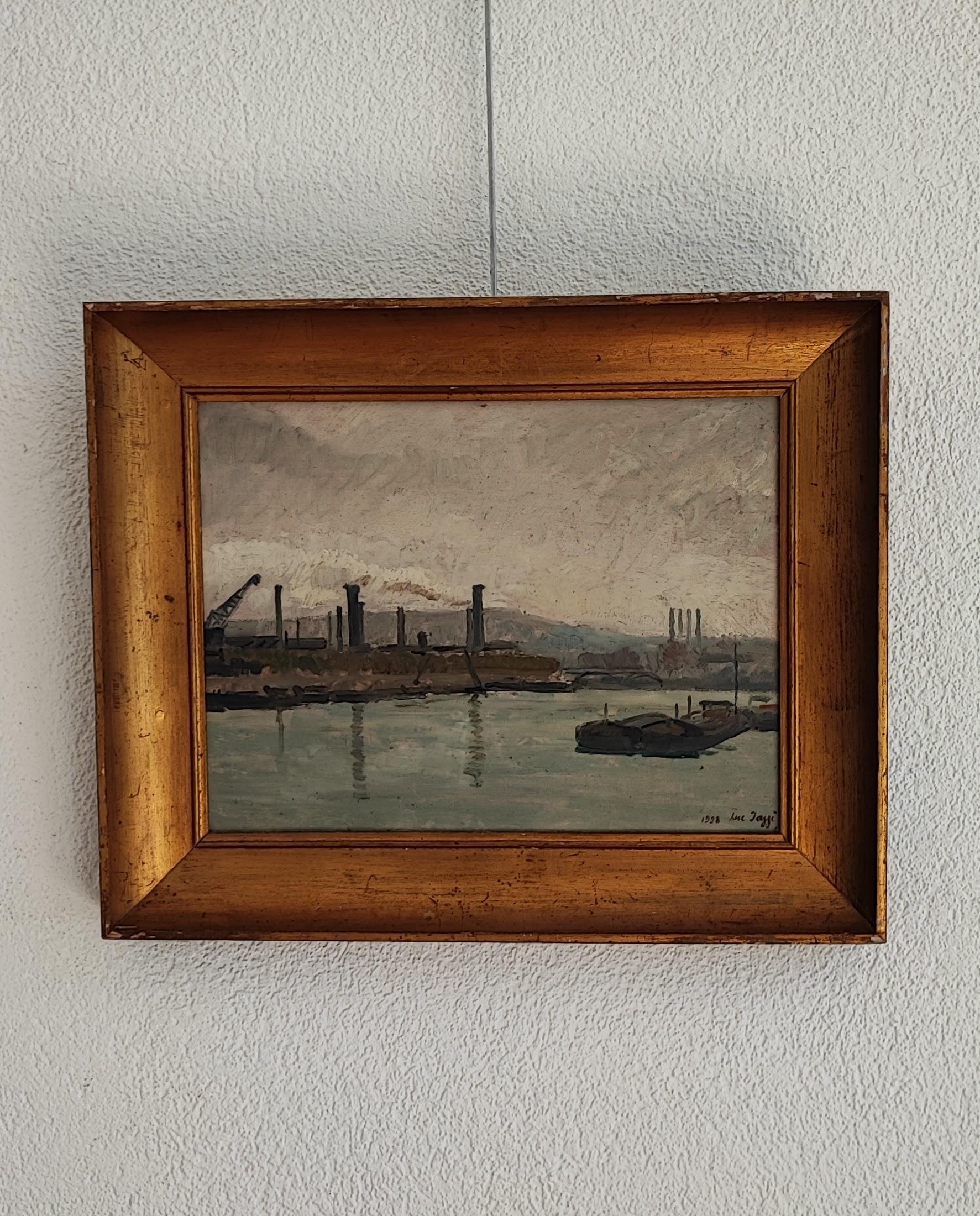 Puerto fluvial y barcazas - Painting de Lucien Jaggi
