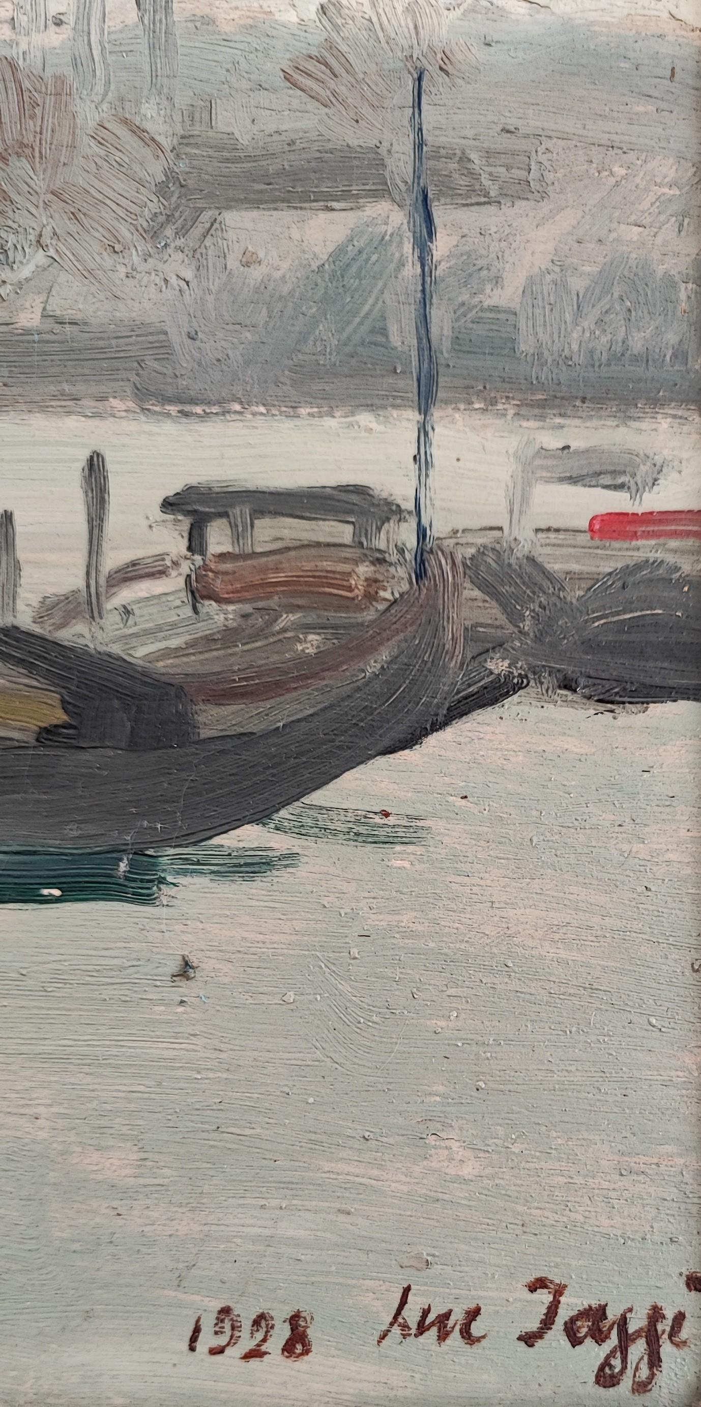 Puerto fluvial y barcazas - Landscape Painting Marrón de Lucien Jaggi
