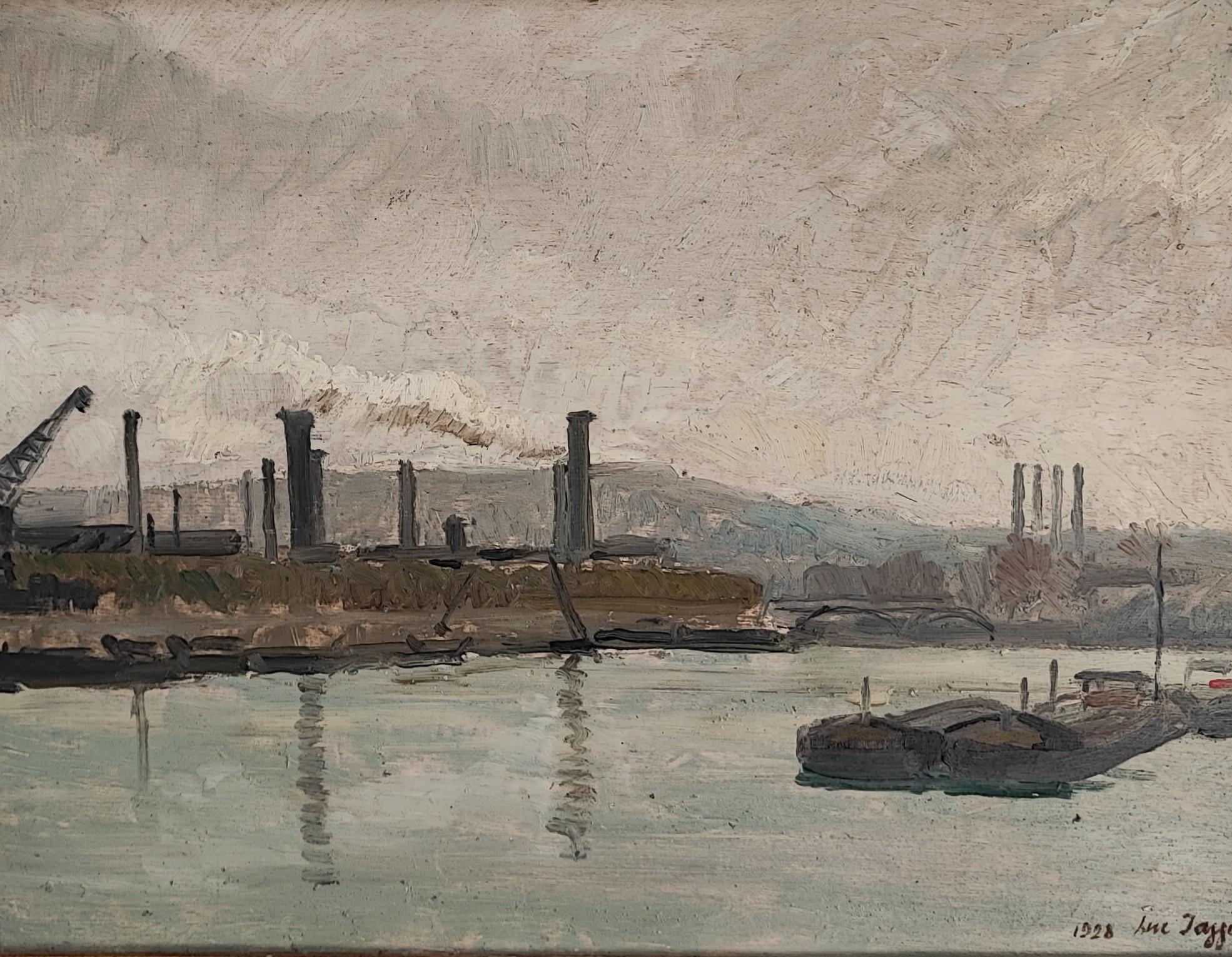 Landscape Painting de Lucien Jaggi - Puerto fluvial y barcazas