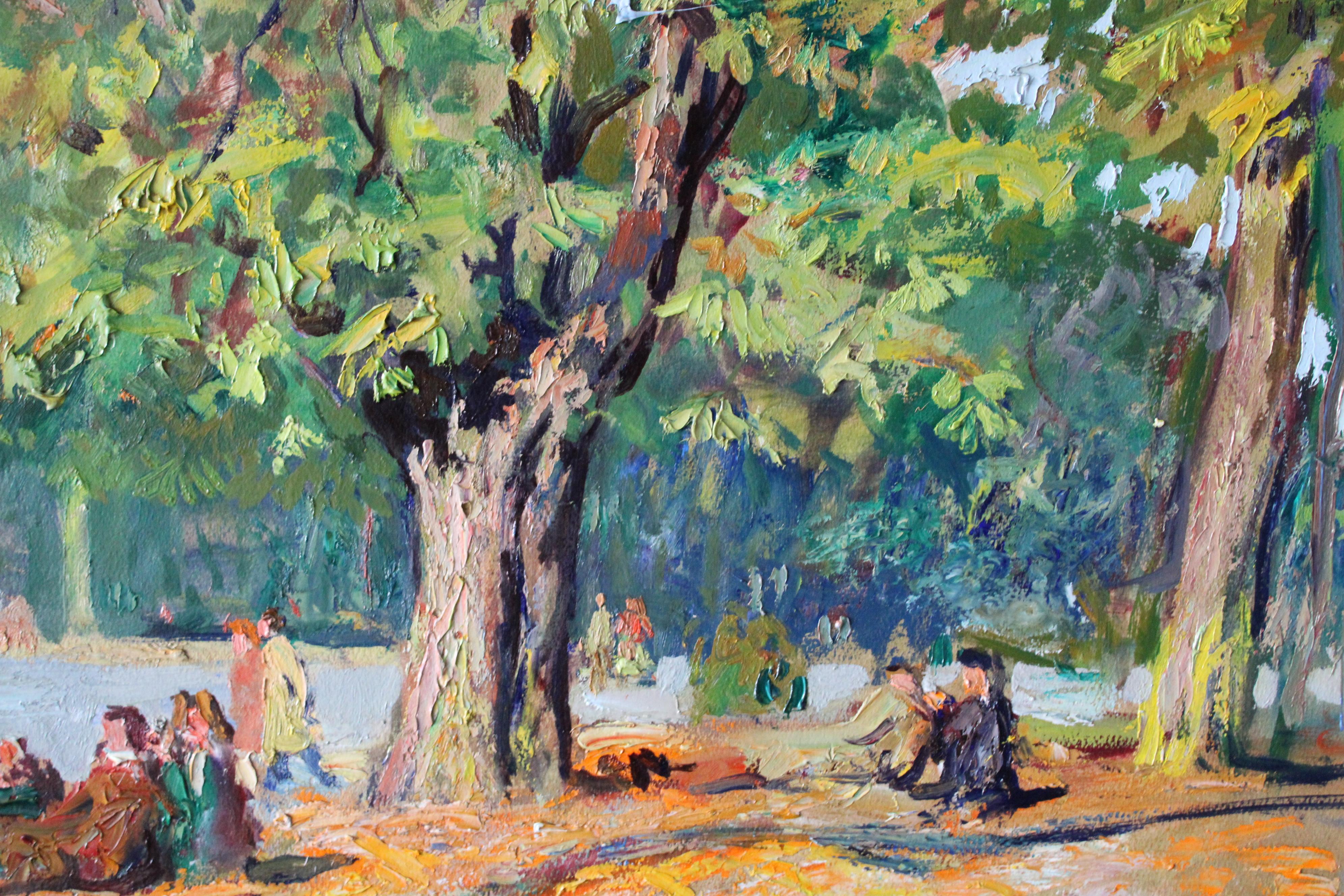 Large Landscape Ölgemälde eines Picknick am See im Herbst – Painting von Lucien Jonas