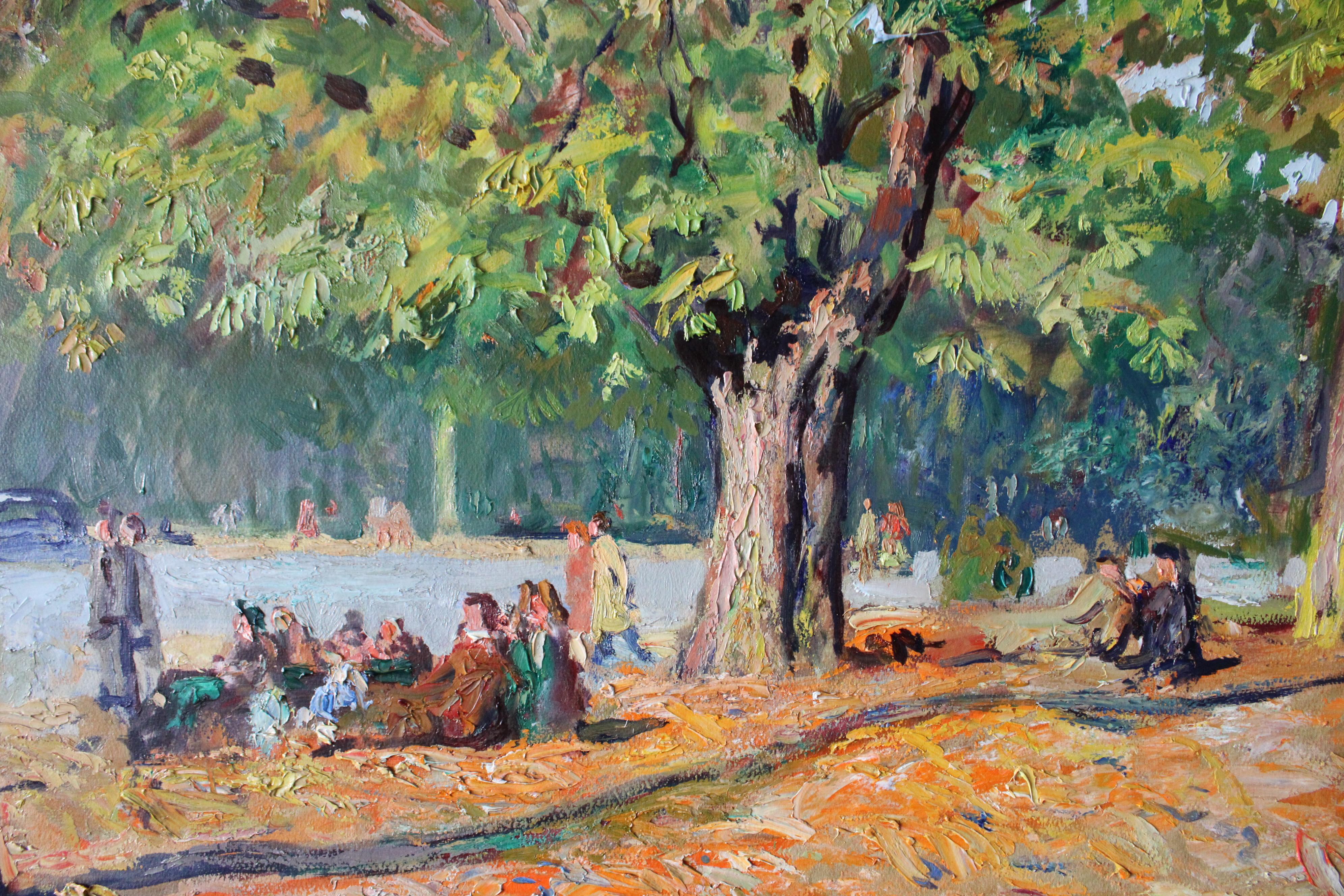Large Landscape Ölgemälde eines Picknick am See im Herbst (Französische Schule), Painting, von Lucien Jonas
