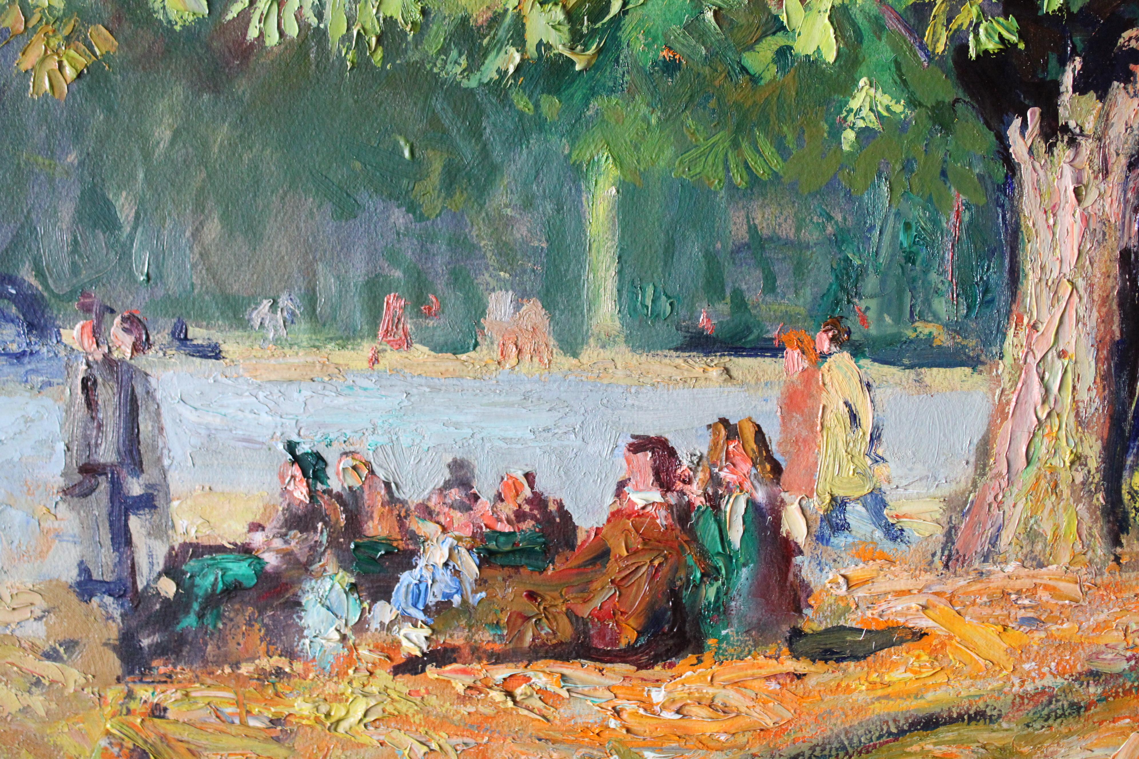 Large Landscape Ölgemälde eines Picknick am See im Herbst (Braun), Landscape Painting, von Lucien Jonas