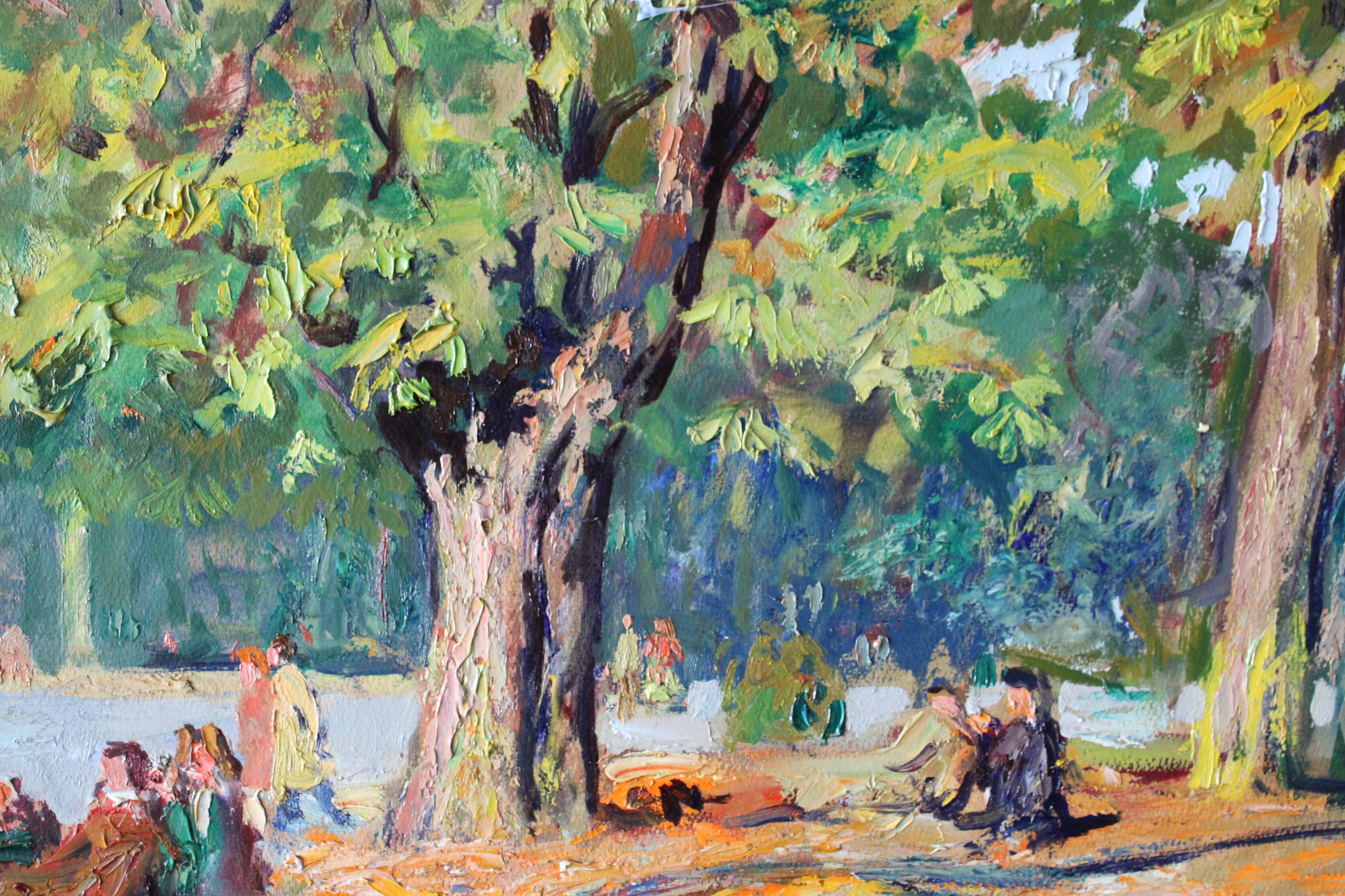 Vintage Post Impressionist gerahmt Ölgemälde auf Karton zugeschrieben Französisch Künstler Lucian Hector Jonas (1880-1947).  Dies ist ein atemberaubendes und recht ungewöhnliches, schön gerahmtes Ölgemälde.  An einem sonnigen Herbsttag versammeln