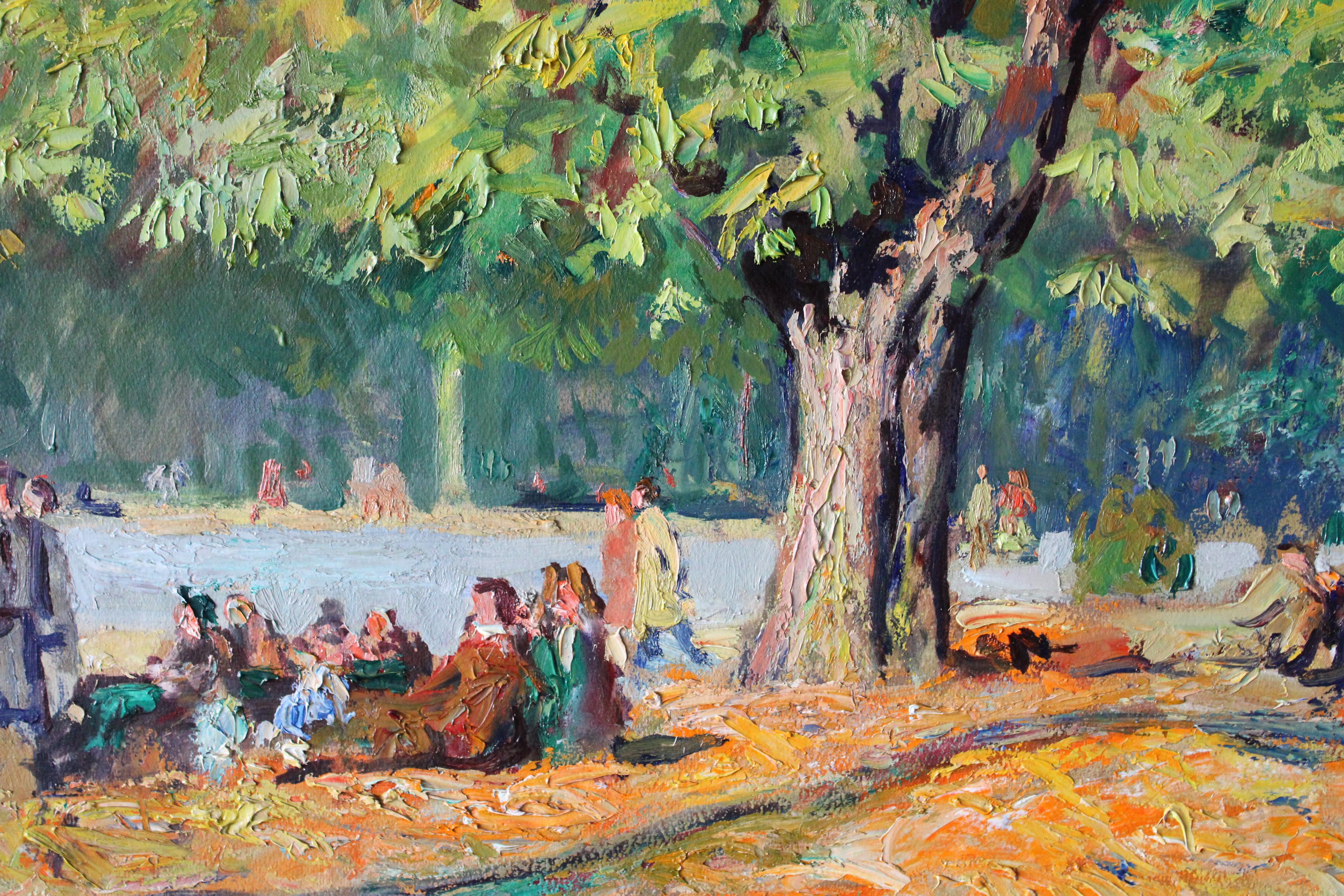 Large Landscape Ölgemälde eines Picknick am See im Herbst im Angebot 1