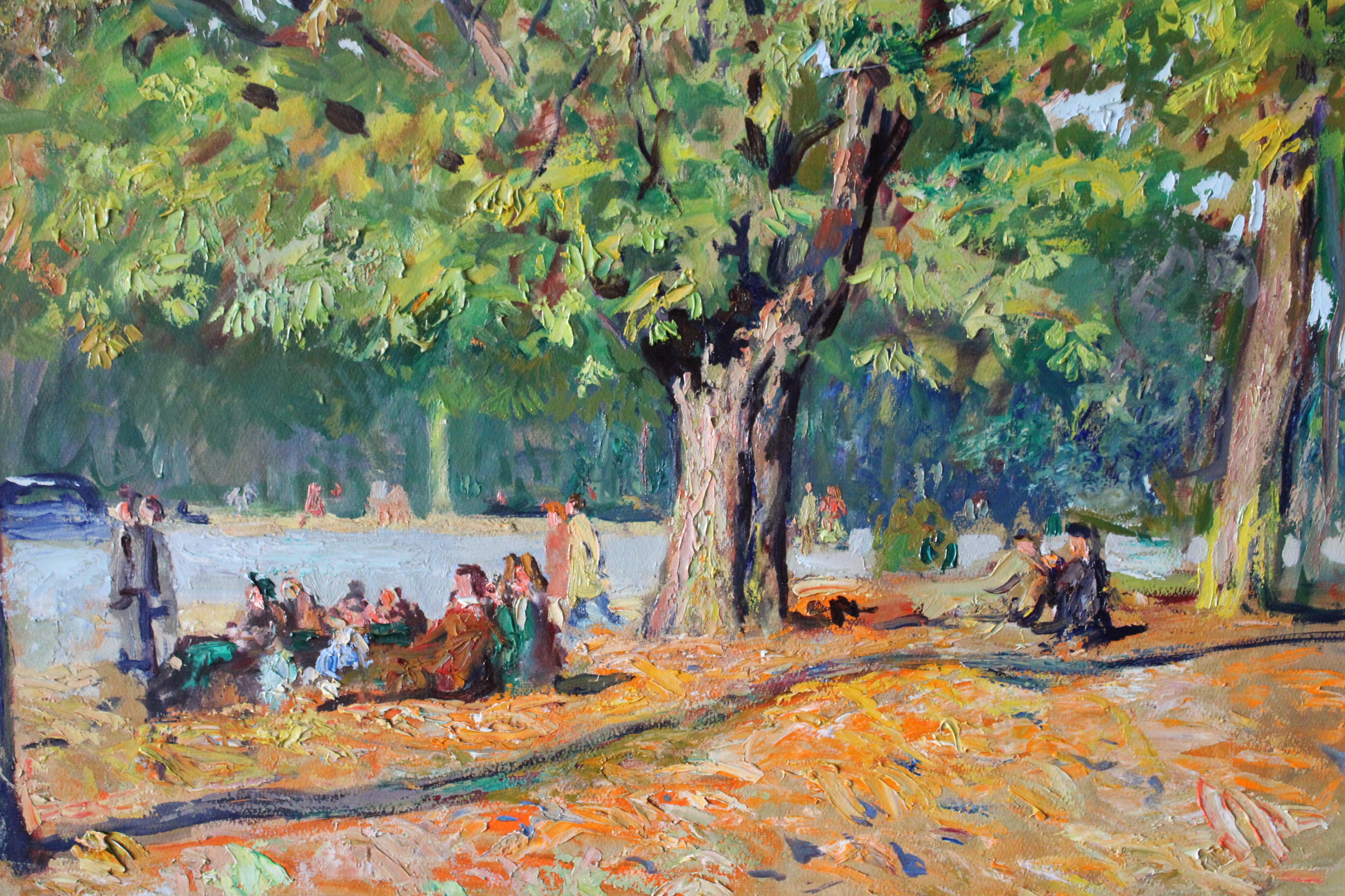 Large Landscape Ölgemälde eines Picknick am See im Herbst im Angebot 2