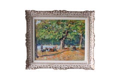 Quadro ad olio di paesaggio di grandi dimensioni raffigurante un picnic in riva al lago in autunno