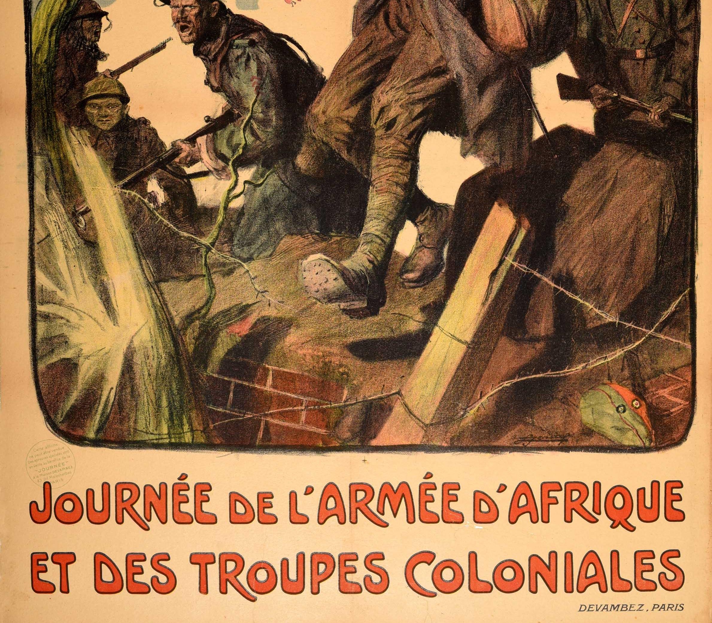 Original Antique WWI Poster Armee d'Afrique Troupes Coloniales African Army Day - Brown Print by Lucien Jonas