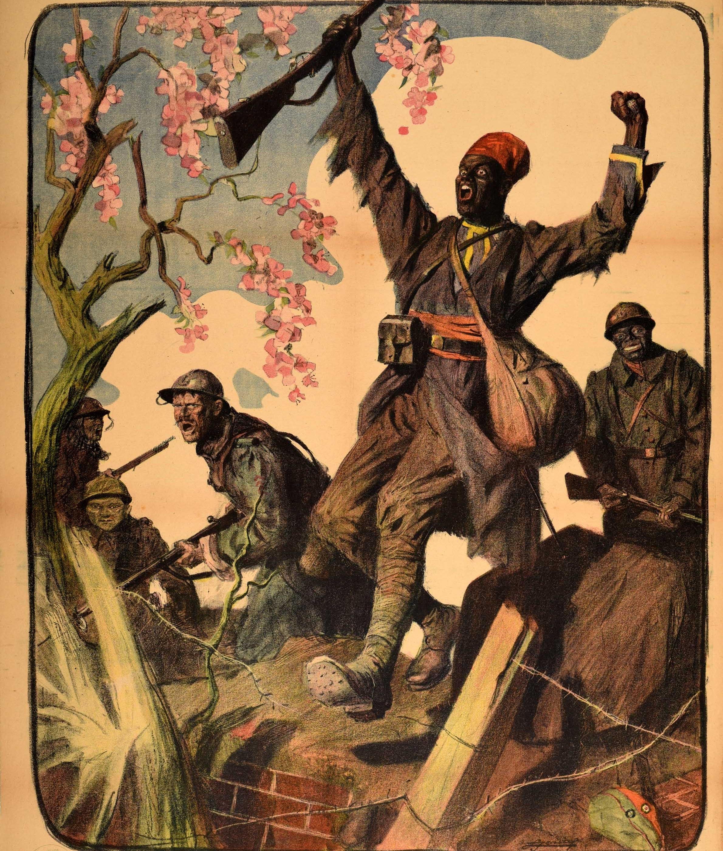 Original antique World War One propaganda poster for the Journee de l'Armee D'Afrique et des Troupes Coloniales / Day for the the African Army and Colonial Troops featuring military soldiers armed with rifle guns charging into battle over a wall and
