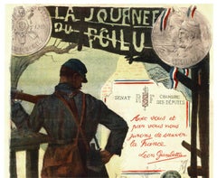 Original La Journet du Poilu, 1915 vintage French World War 1 poster on linen.