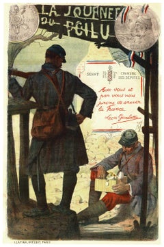 Original La Journet du Poilu, 1915 cartel francés vintage de la 1ª Guerra Mundial sobre lino.