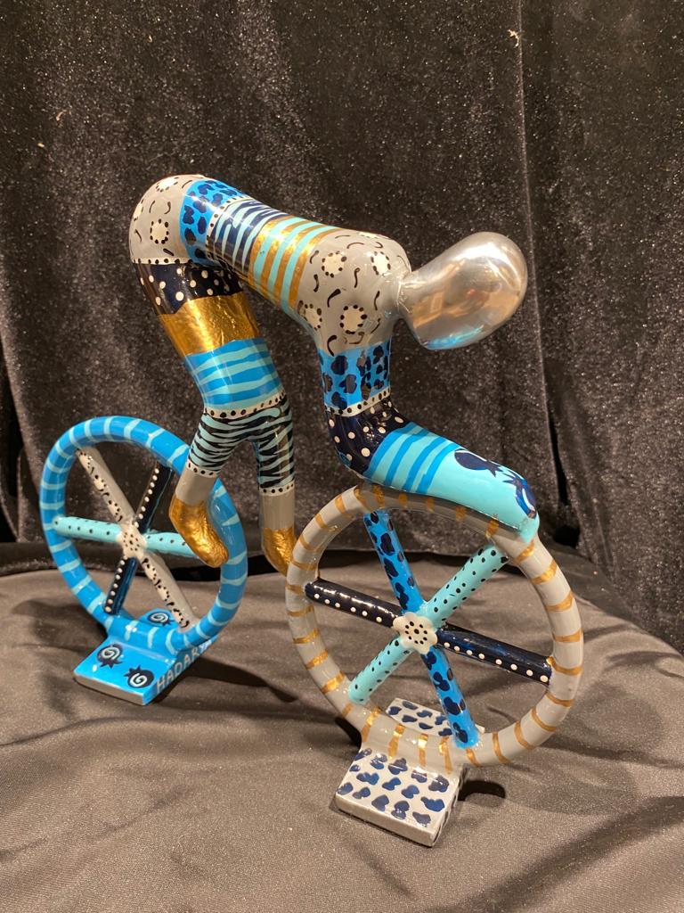 Pop Art decorative Bicycle Rider Blue colors hand painted aluminium sculpture  - Contemporary Sculpture by Lucien Krief - Pop Art