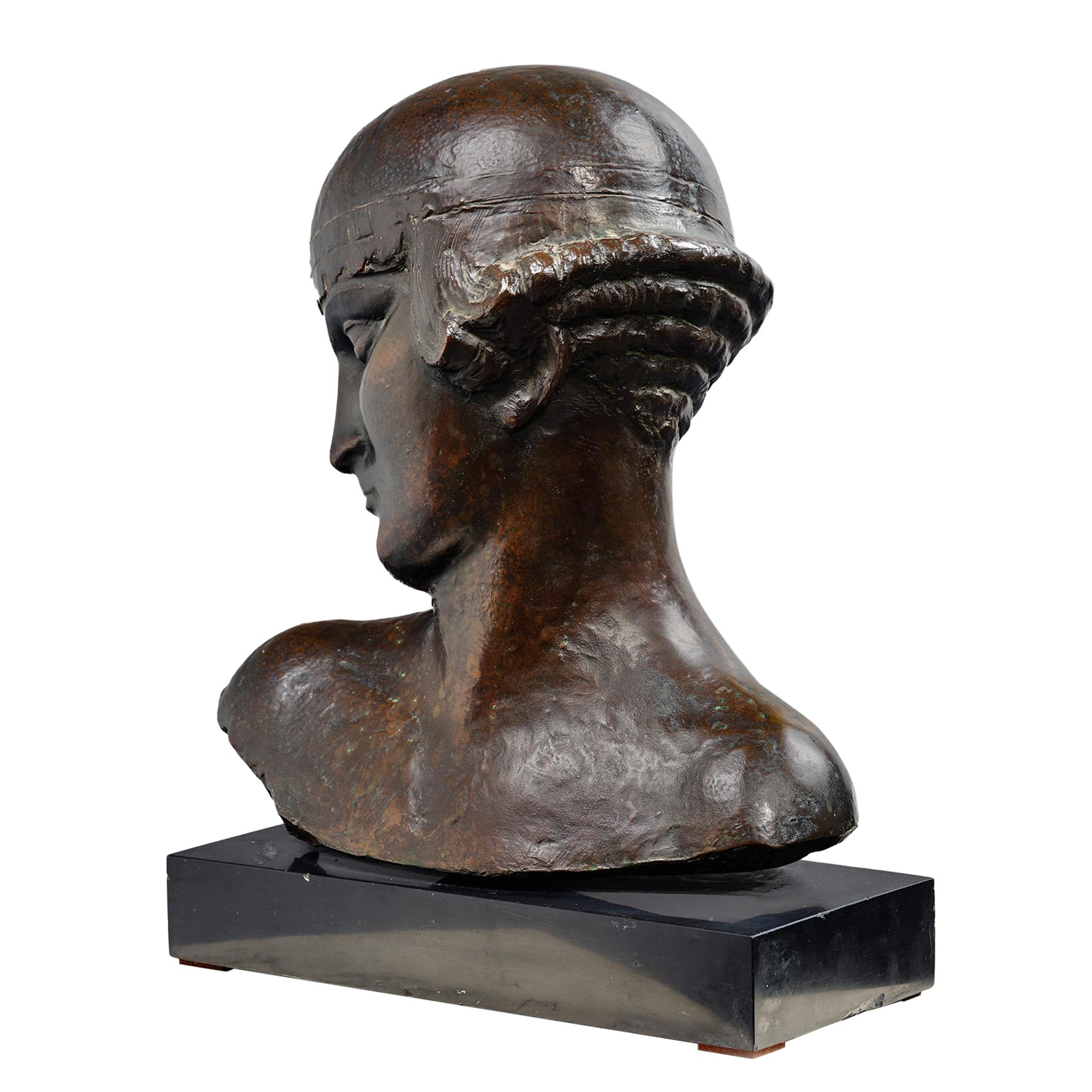 Lucien Lafaye, Tête en bronze de style antique, patine brune, milieu du 20e siècle. en vente