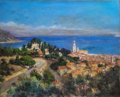 Pintura de paisaje Costa Azul Francia MENTON Pintor marino XX Arte moderno