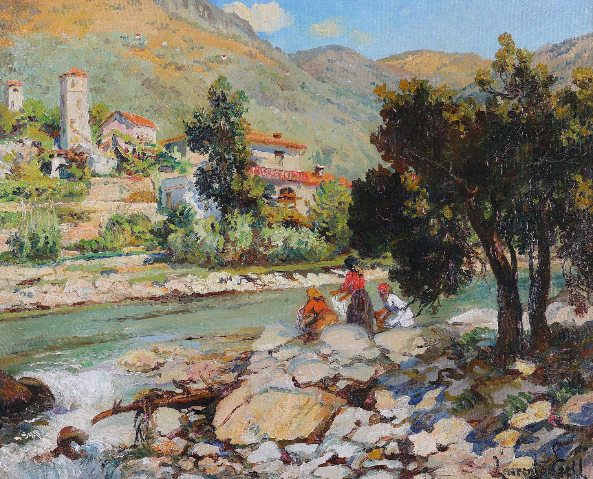 Conversation au bord de la rivière - Painting de Lucien Laurent Gsell