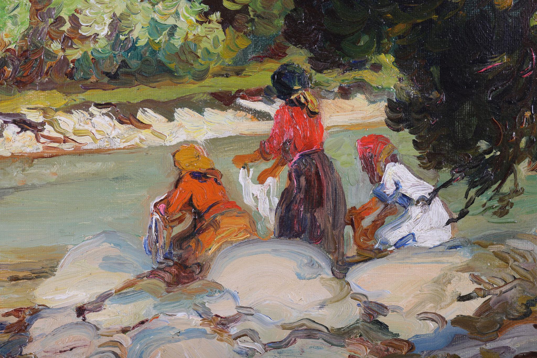 Conversation au bord de la rivière - Impressionnisme Painting par Lucien Laurent Gsell
