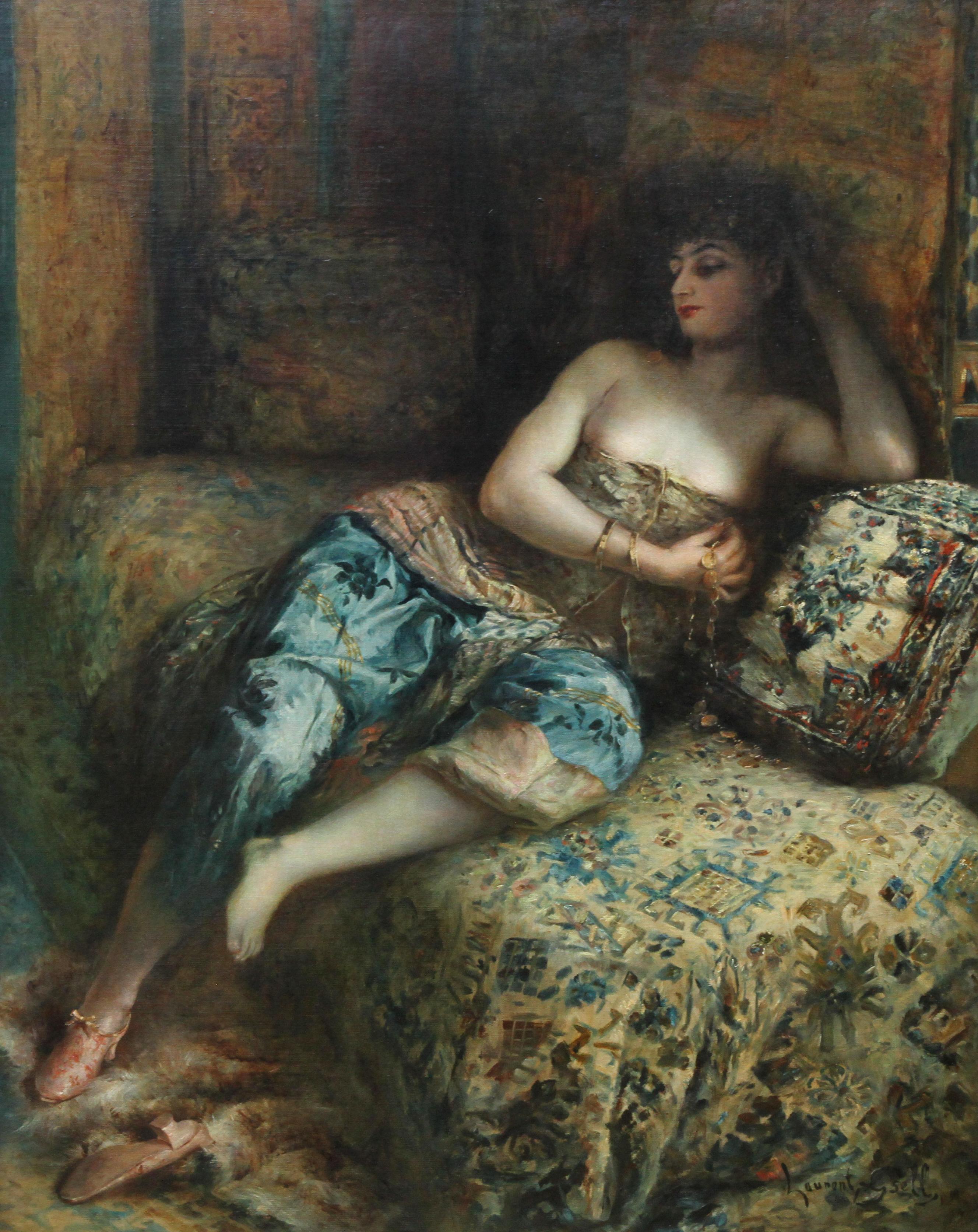 Odalisque - Woman in a Harem - French 1900 Orientalist art portrait oil painting For Sale 10
