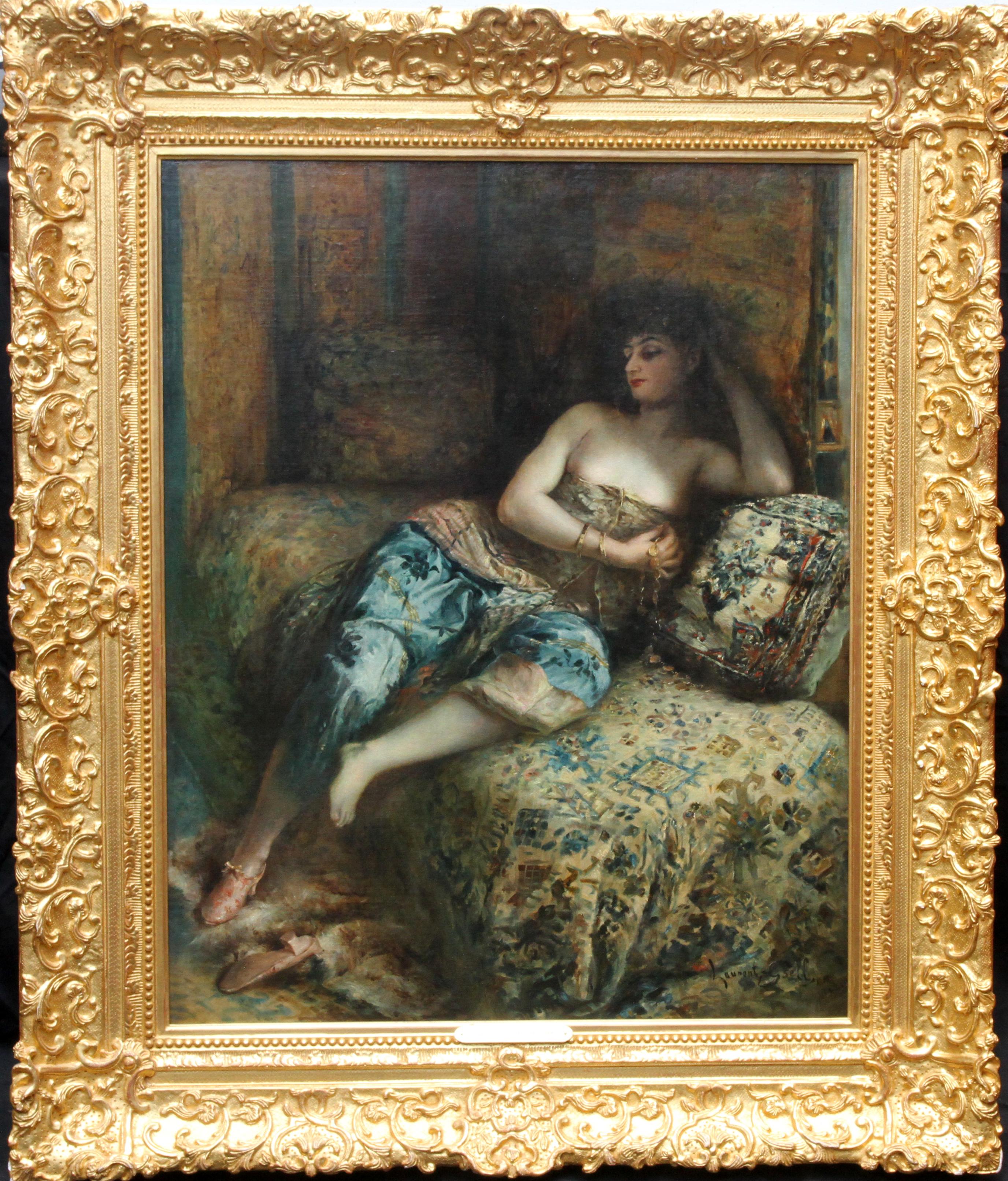 Odalisque - Woman in a Harem - French 1900 Orientalist art portrait oil painting For Sale 11