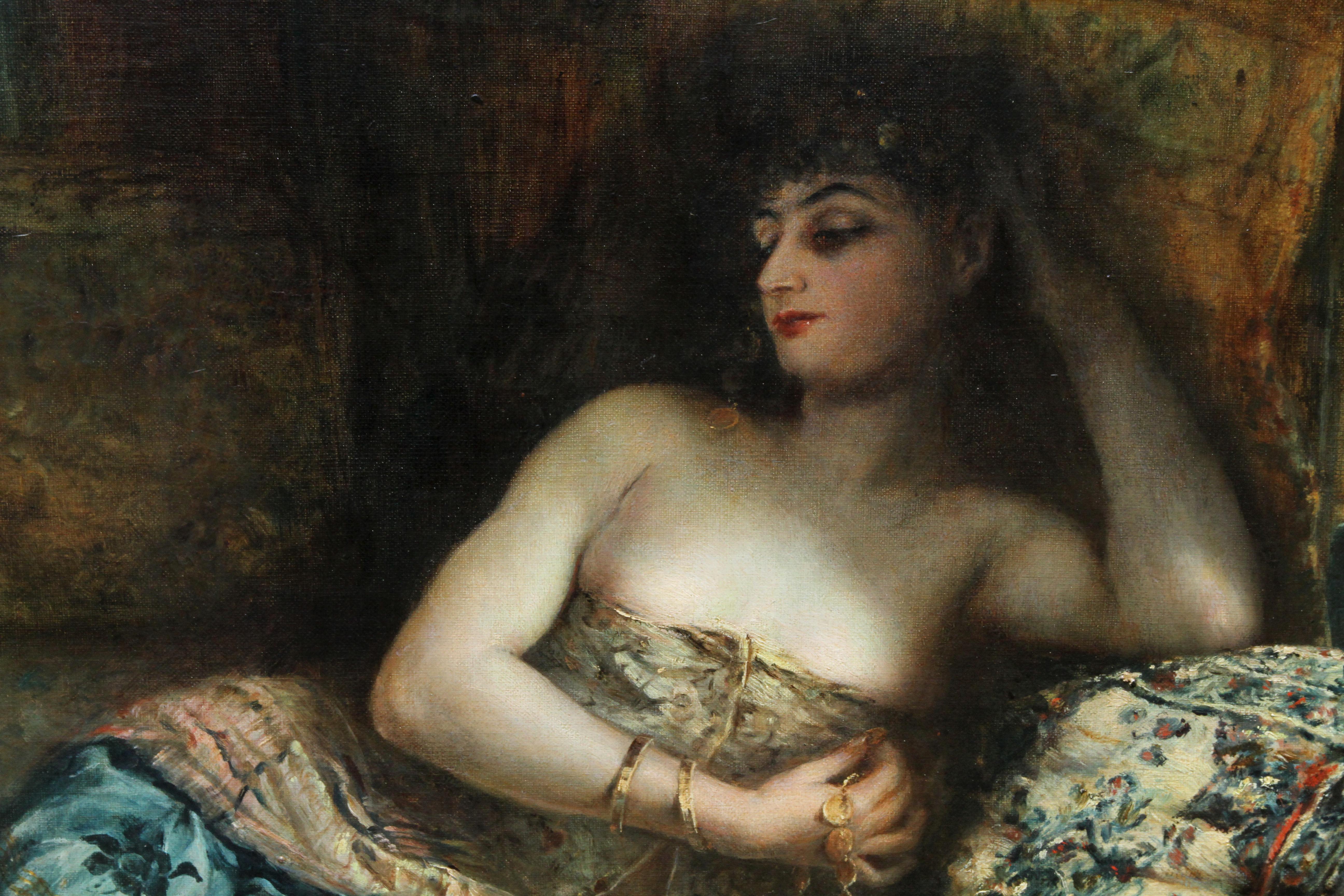 Odalisque - Woman in a Harem - French 1900 Orientalist art portrait oil painting For Sale 1