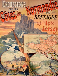 Original Antique Train Travel Poster Normandy Brittany Jersey Coast Excursions
