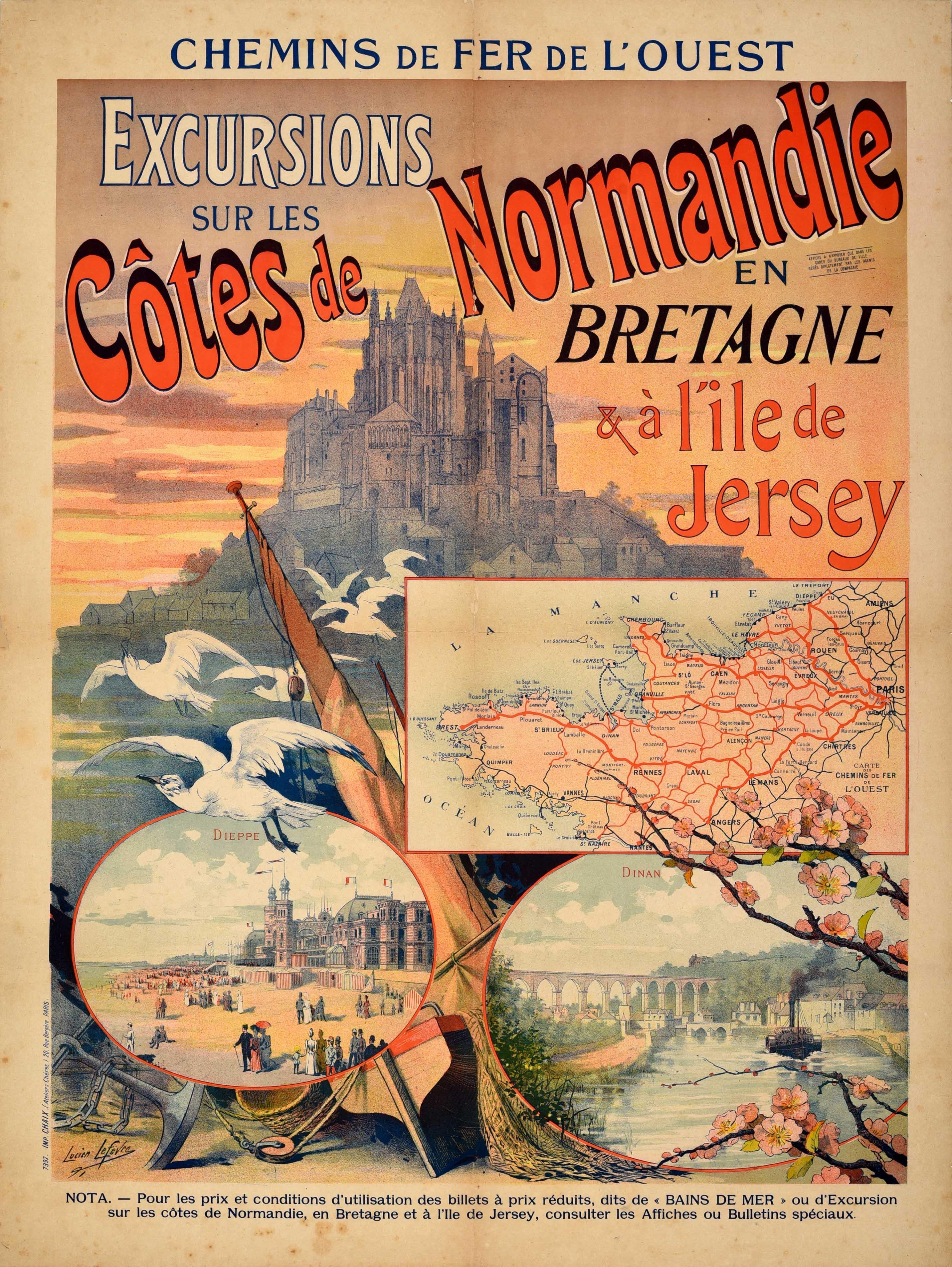 Lucien Lefevre Print - Original Antique Train Travel Poster Normandy Brittany Jersey Coast Excursions