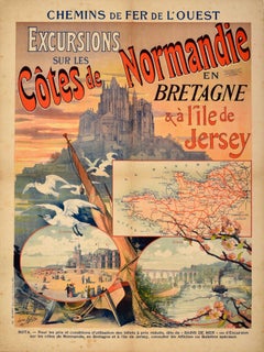Original Antique Train Travel Poster Normandy Brittany Jersey Coast Excursions